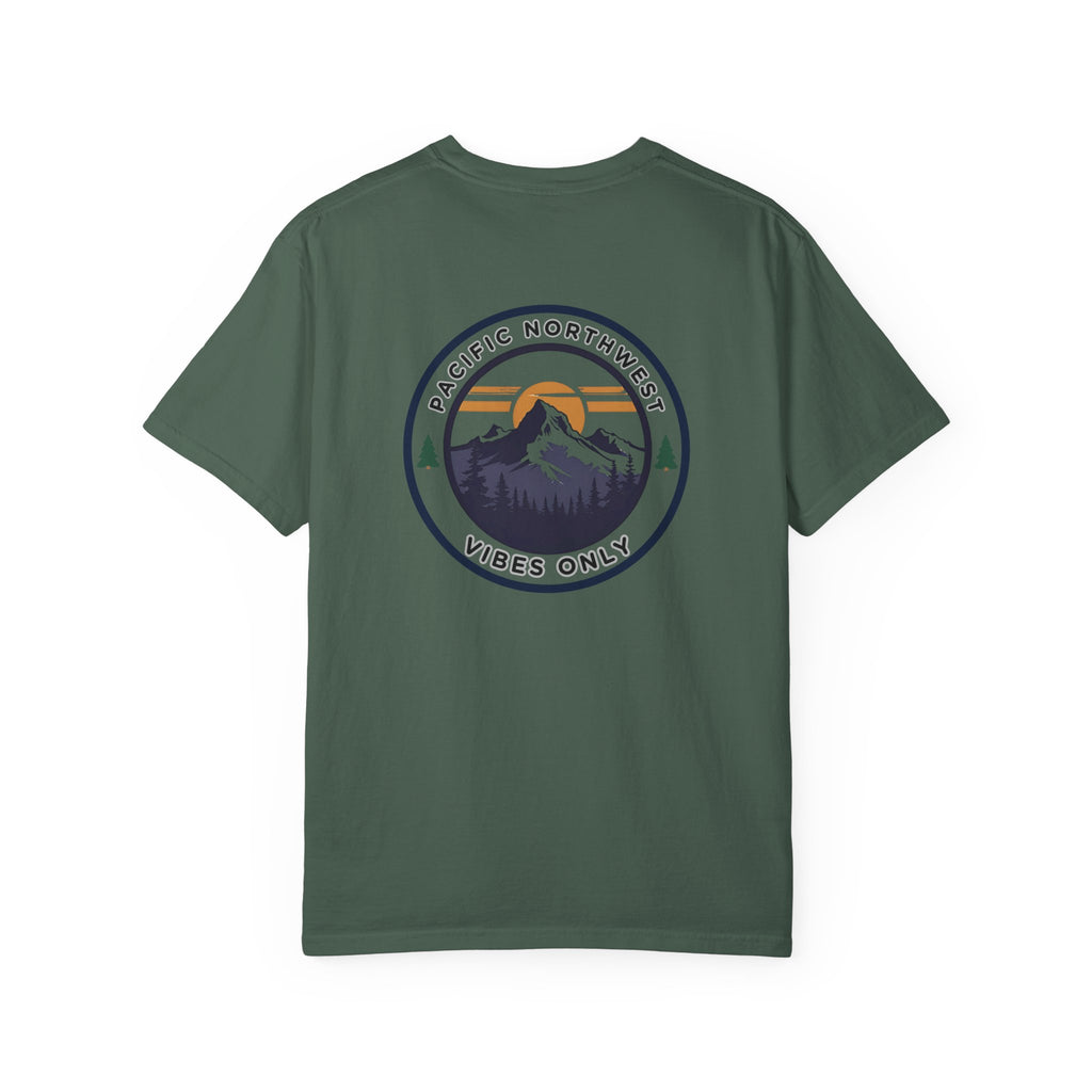 PNW Vibes Only Tee – Circle Badge Mountain Sunset Shirt