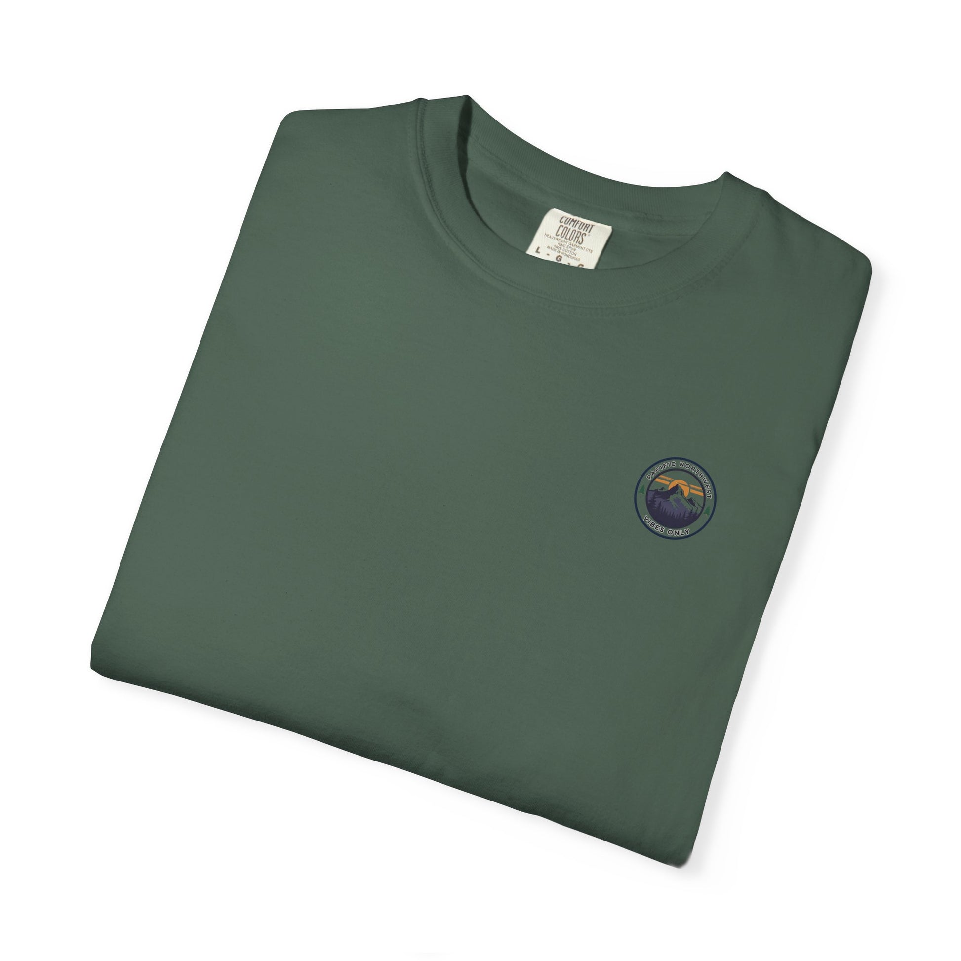 PNW Vibes Only Tee – Circle Badge Mountain Sunset Shirt
