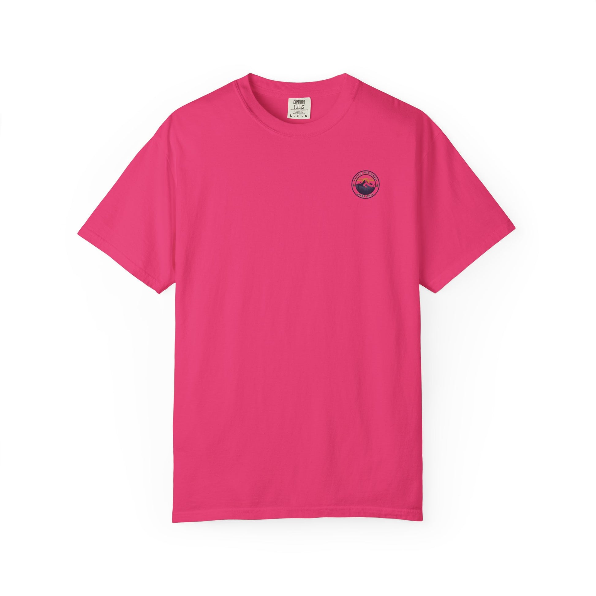 PNW Vibes Only Tee – Circle Badge Mountain Sunset Shirt