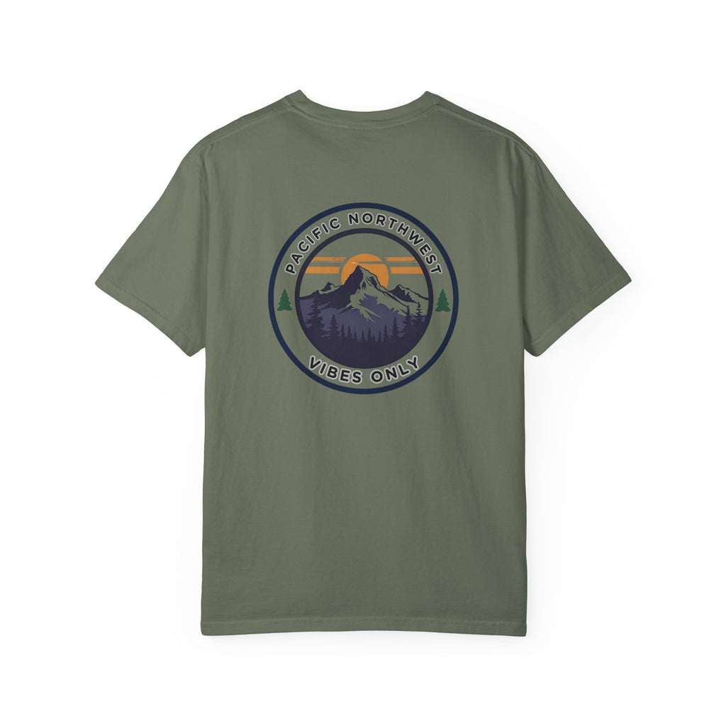 PNW Vibes Only Tee – Circle Badge Mountain Sunset Shirt