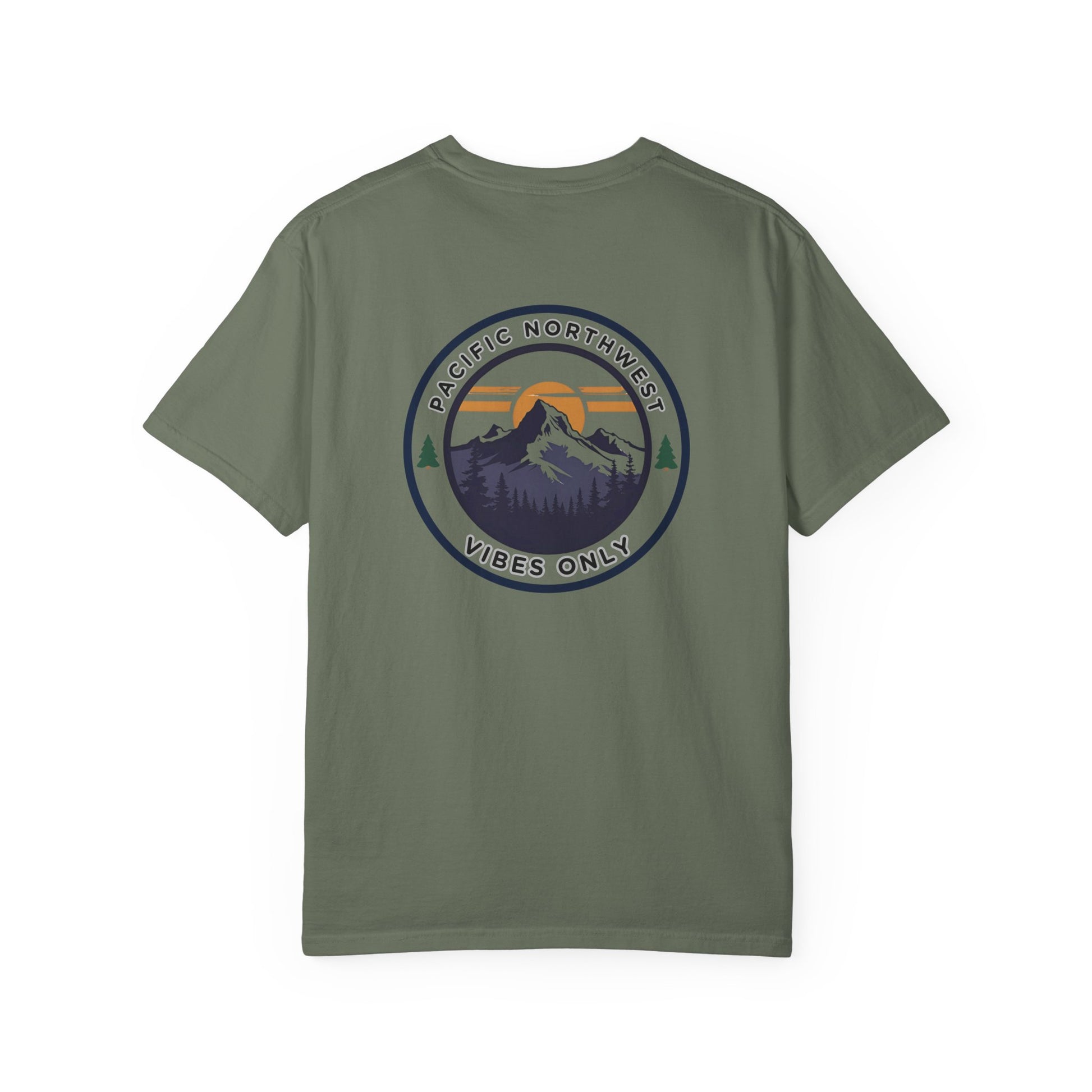 PNW Vibes Only Tee – Circle Badge Mountain Sunset Shirt