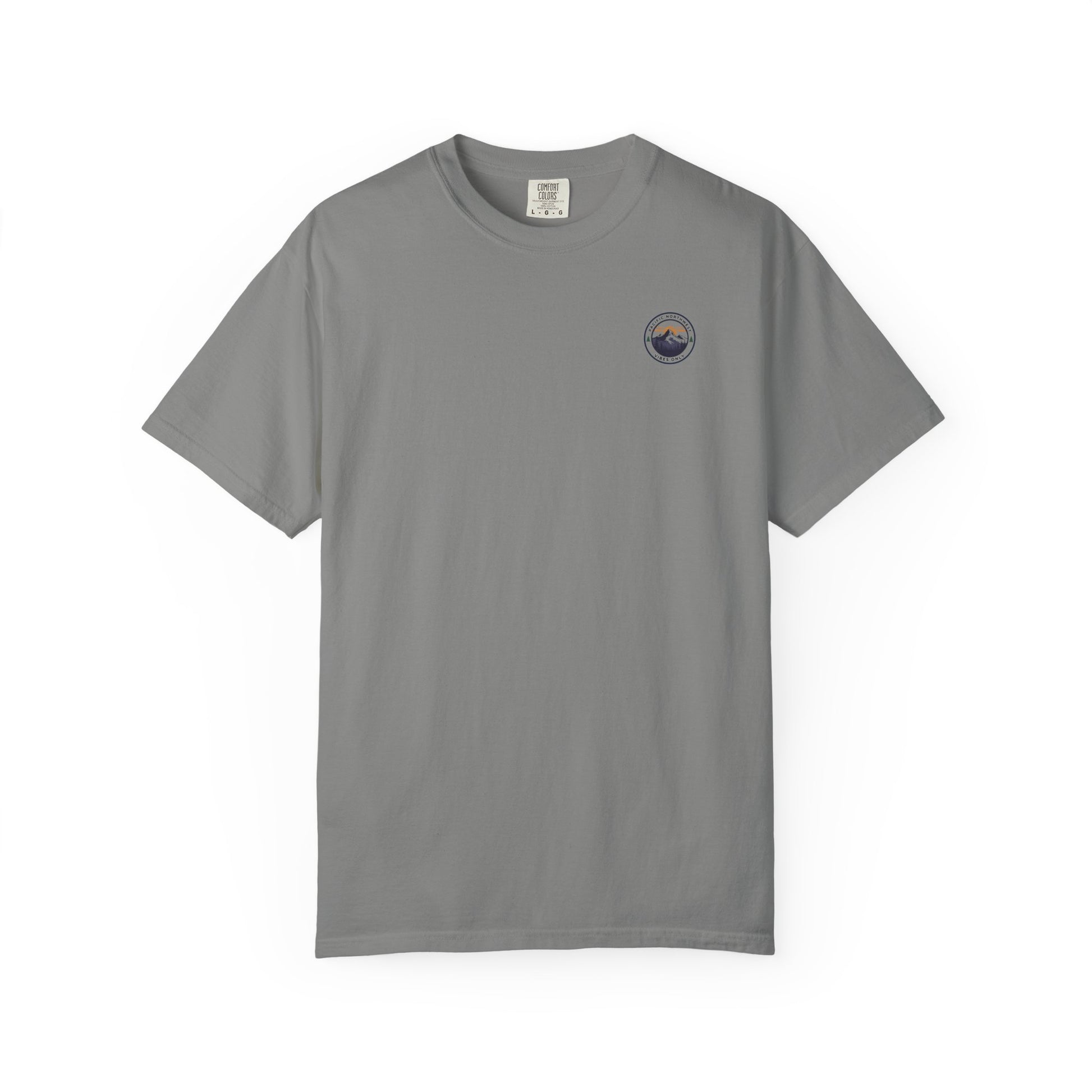 PNW Vibes Only Tee – Circle Badge Mountain Sunset Shirt