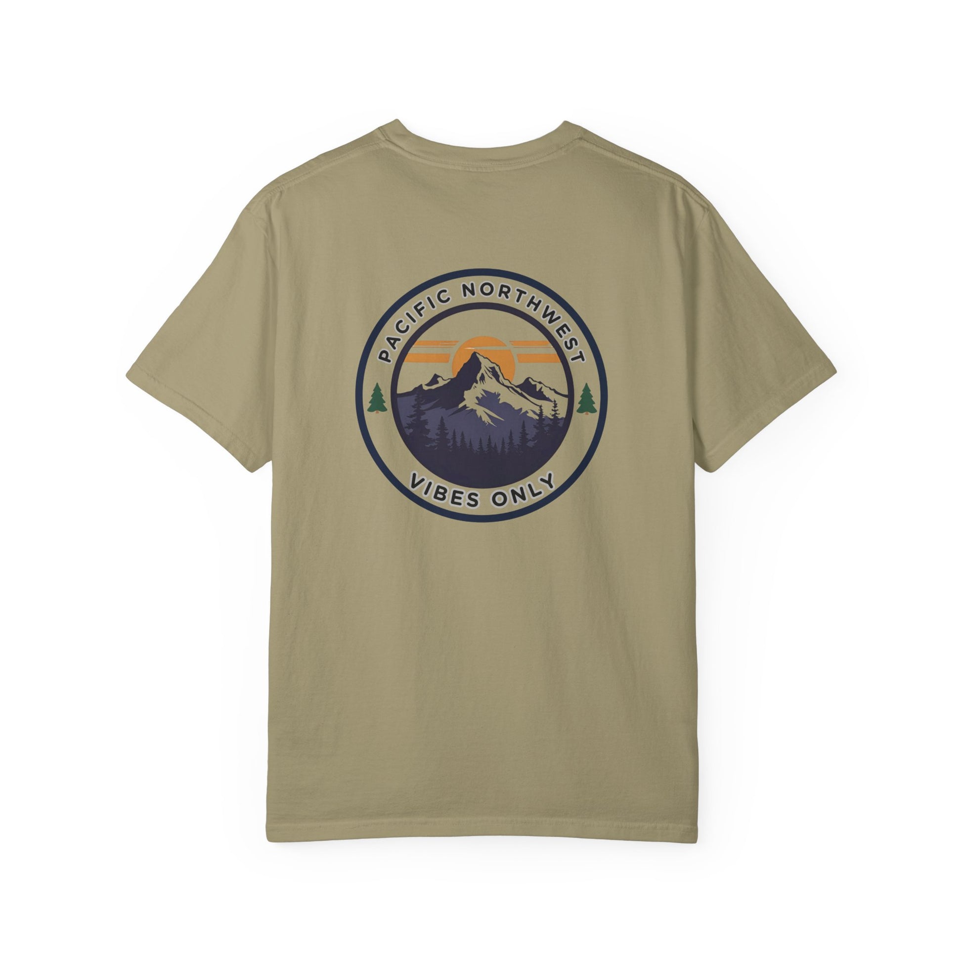 PNW Vibes Only Tee – Circle Badge Mountain Sunset Shirt