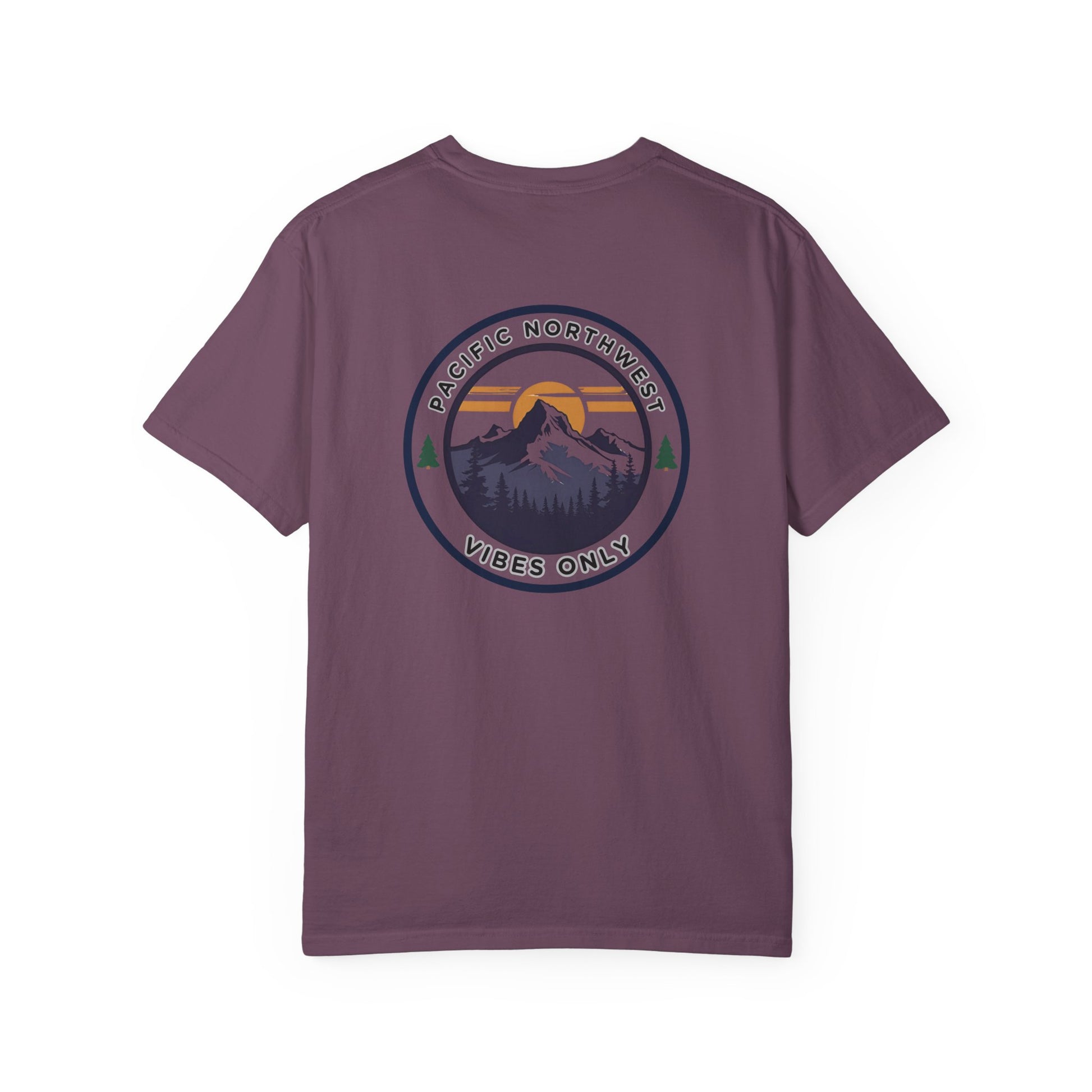 PNW Vibes Only Tee – Circle Badge Mountain Sunset Shirt