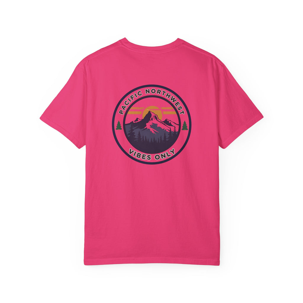 PNW Vibes Only Tee – Circle Badge Mountain Sunset Shirt