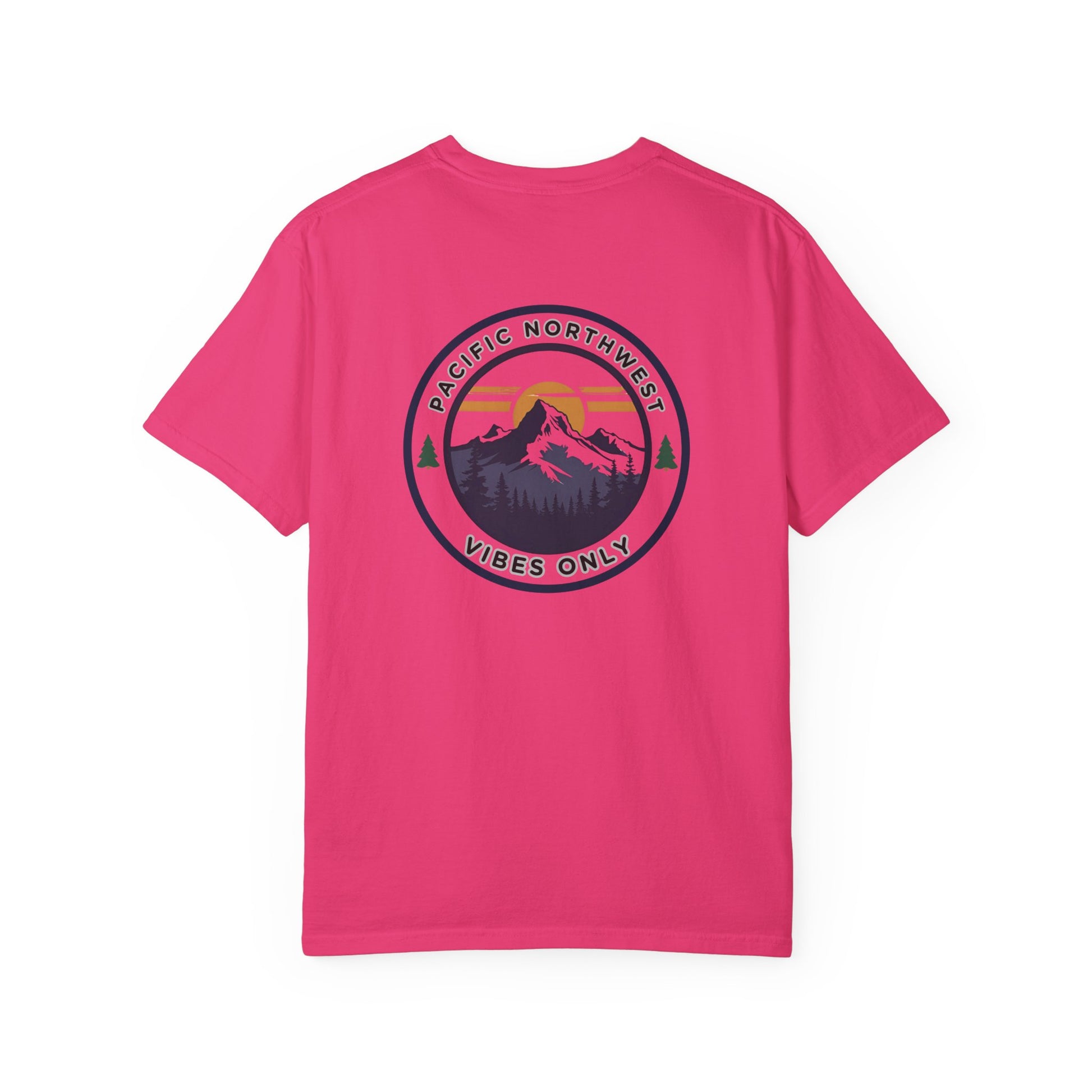 PNW Vibes Only Tee – Circle Badge Mountain Sunset Shirt