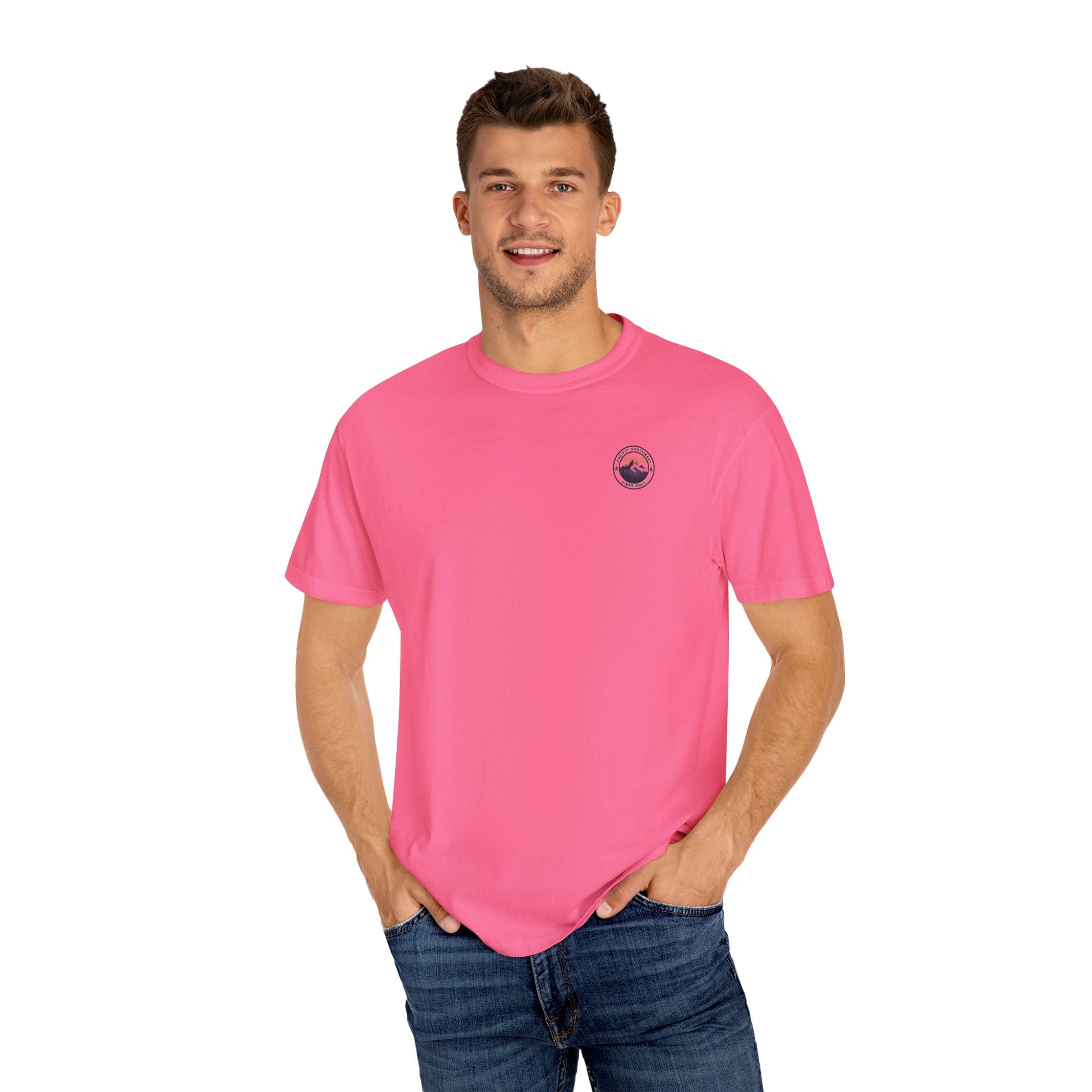 PNW Vibes Only Tee – Circle Badge Mountain Sunset Shirt