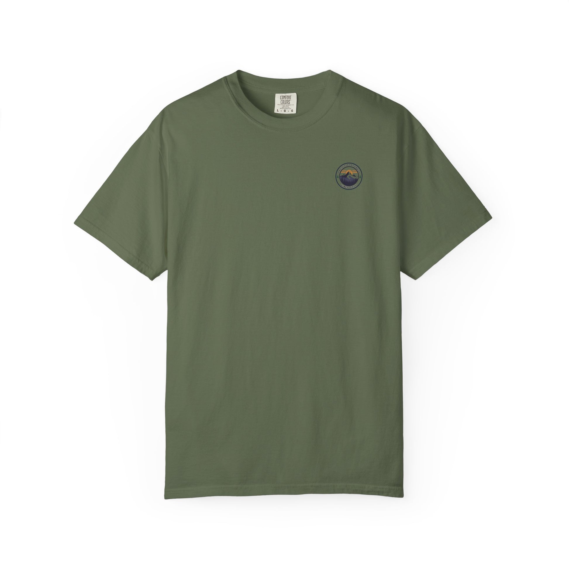 PNW Vibes Only Tee – Circle Badge Mountain Sunset Shirt