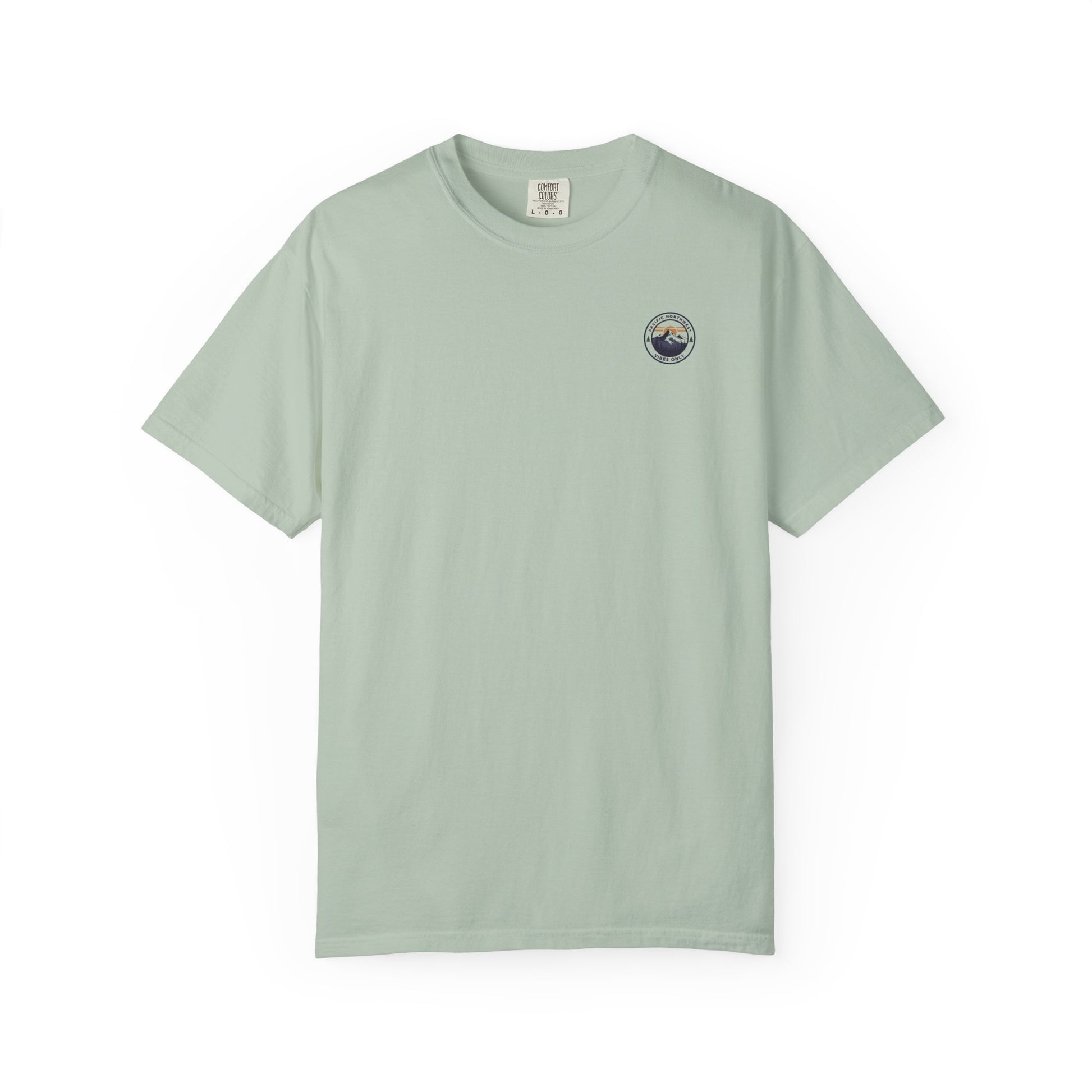 PNW Vibes Only Tee – Circle Badge Mountain Sunset Shirt