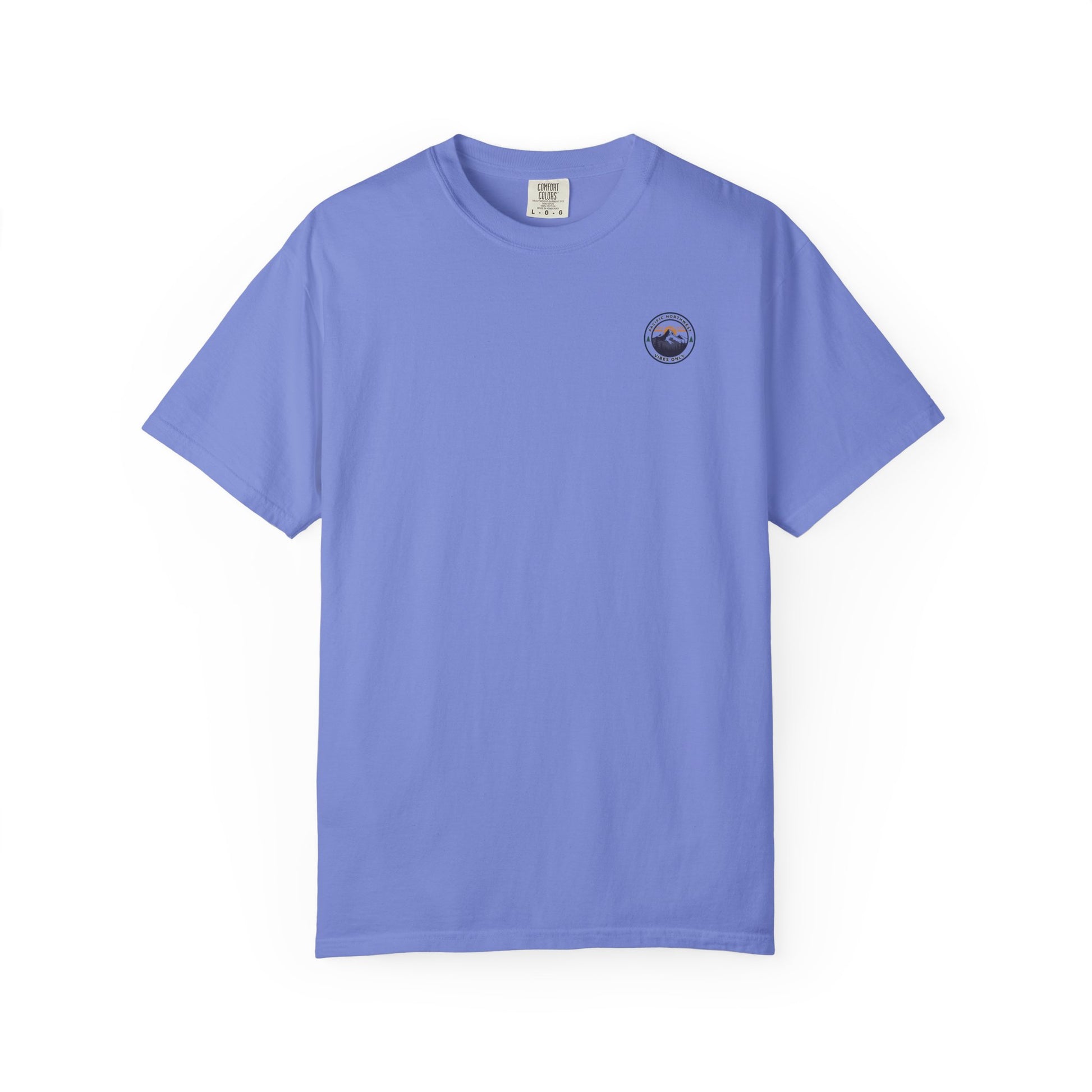 PNW Vibes Only Tee – Circle Badge Mountain Sunset Shirt