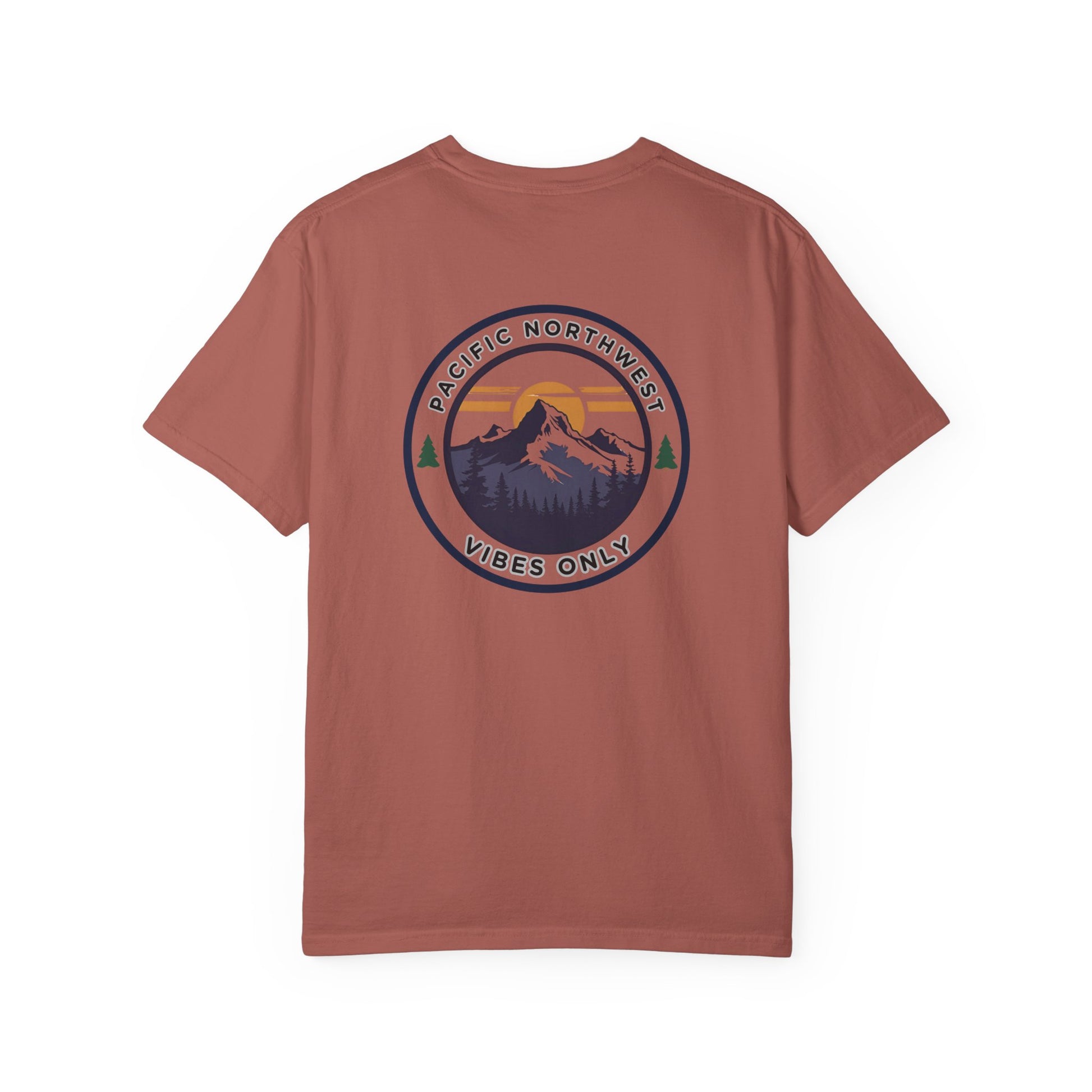 PNW Vibes Only Tee – Circle Badge Mountain Sunset Shirt