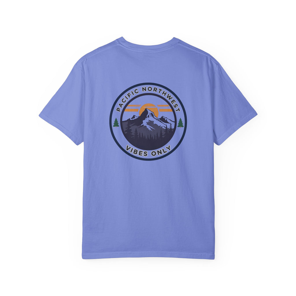 PNW Vibes Only Tee – Circle Badge Mountain Sunset Shirt