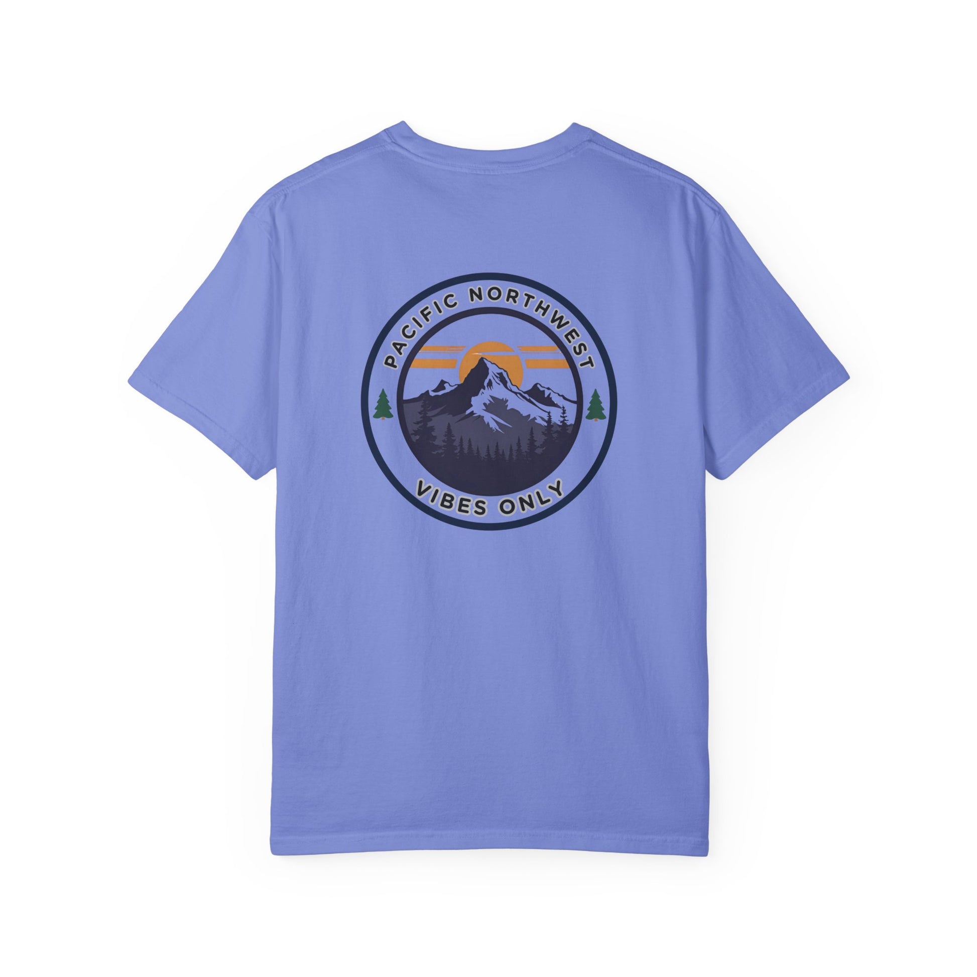 PNW Vibes Only Tee – Circle Badge Mountain Sunset Shirt
