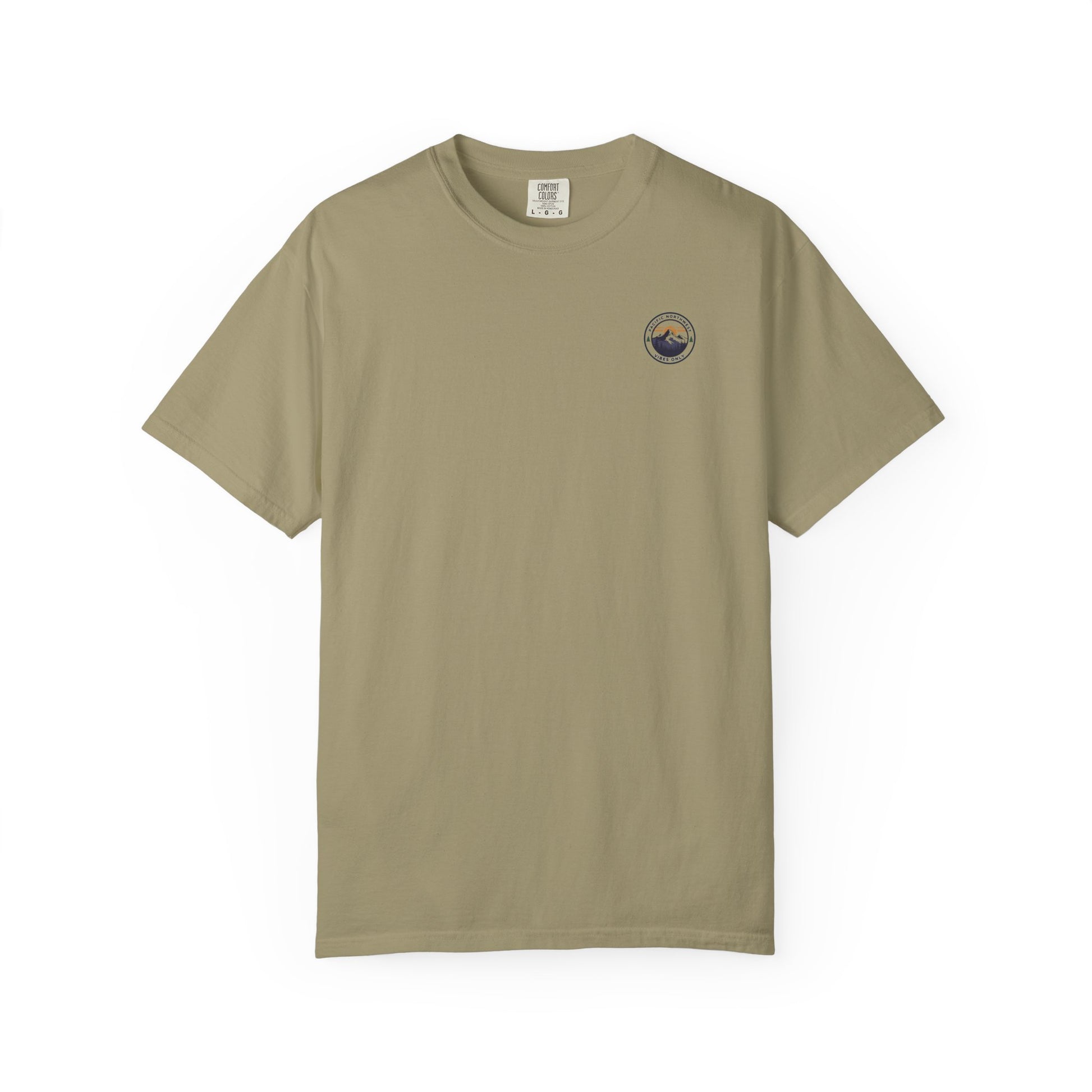PNW Vibes Only Tee – Circle Badge Mountain Sunset Shirt