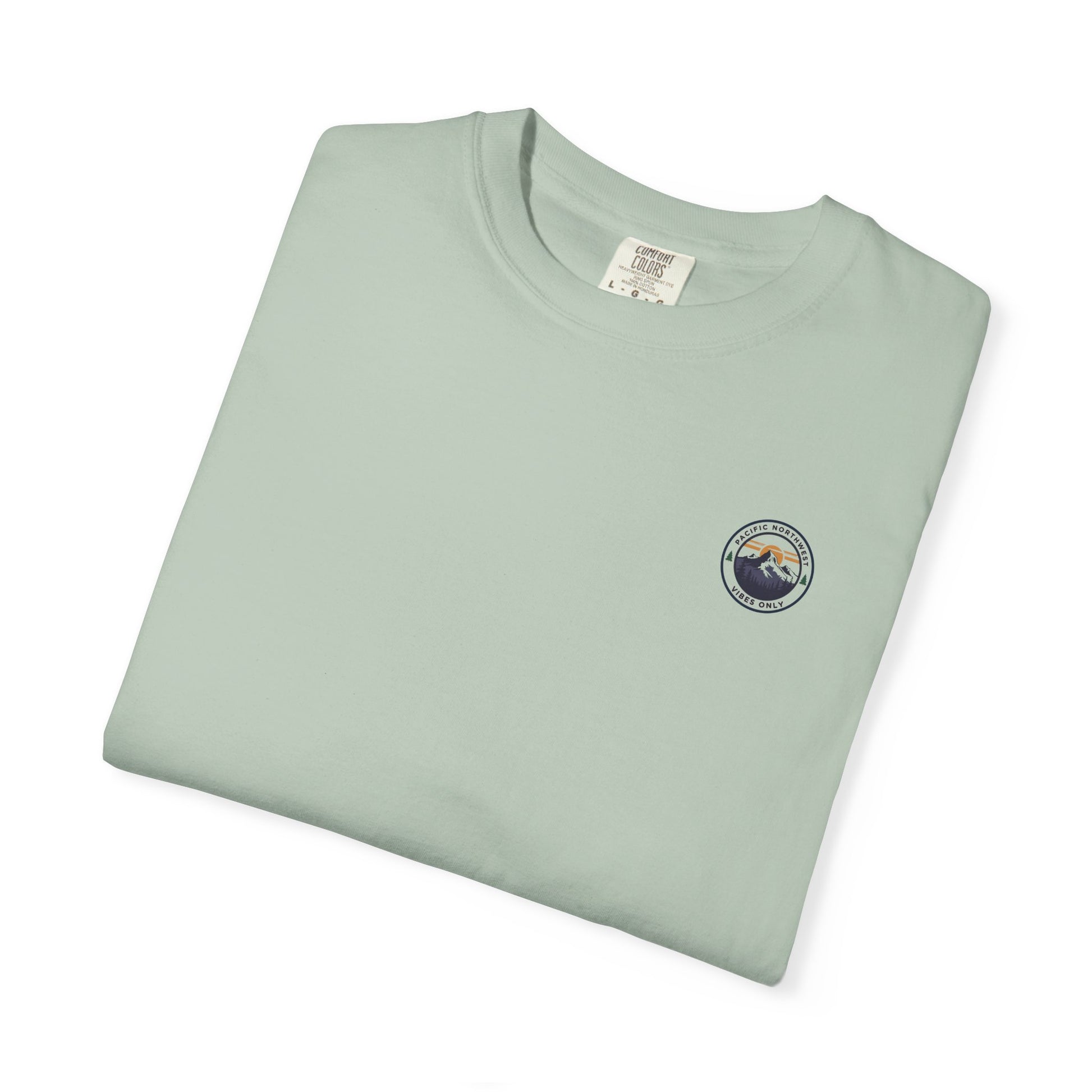 PNW Vibes Only Tee – Circle Badge Mountain Sunset Shirt