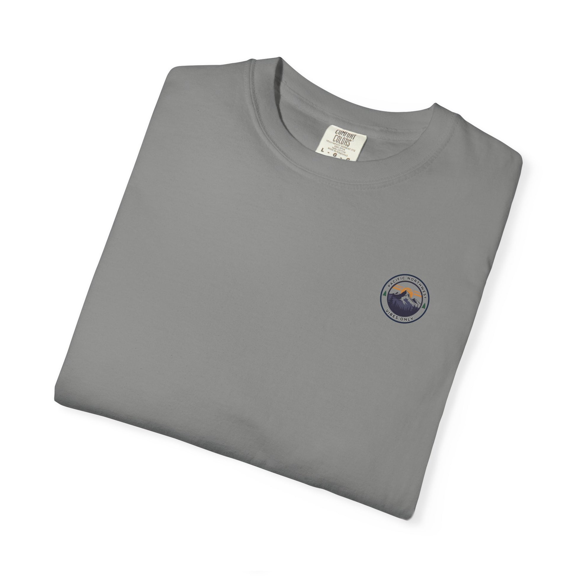 PNW Vibes Only Tee – Circle Badge Mountain Sunset Shirt
