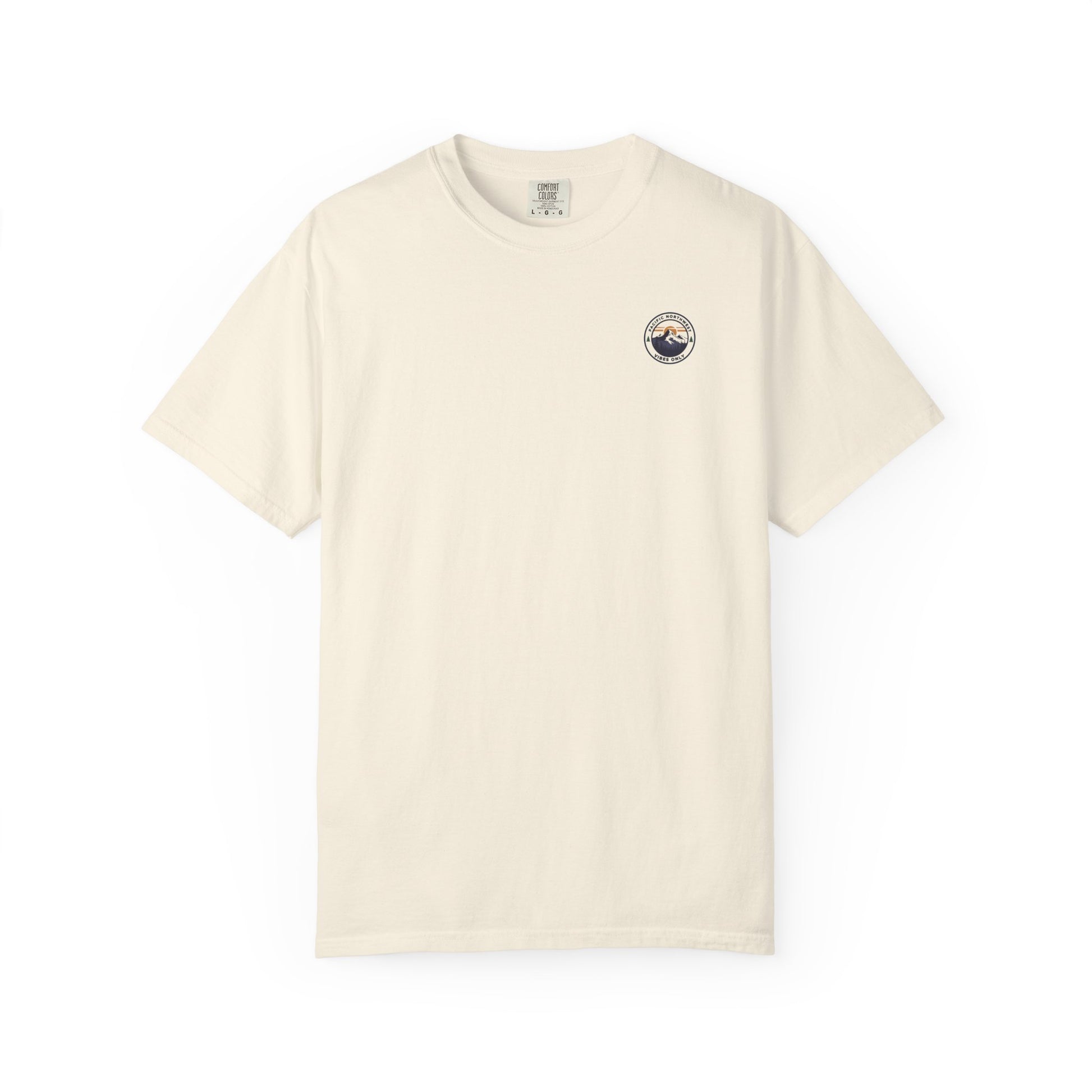 PNW Vibes Only Tee – Circle Badge Mountain Sunset Shirt