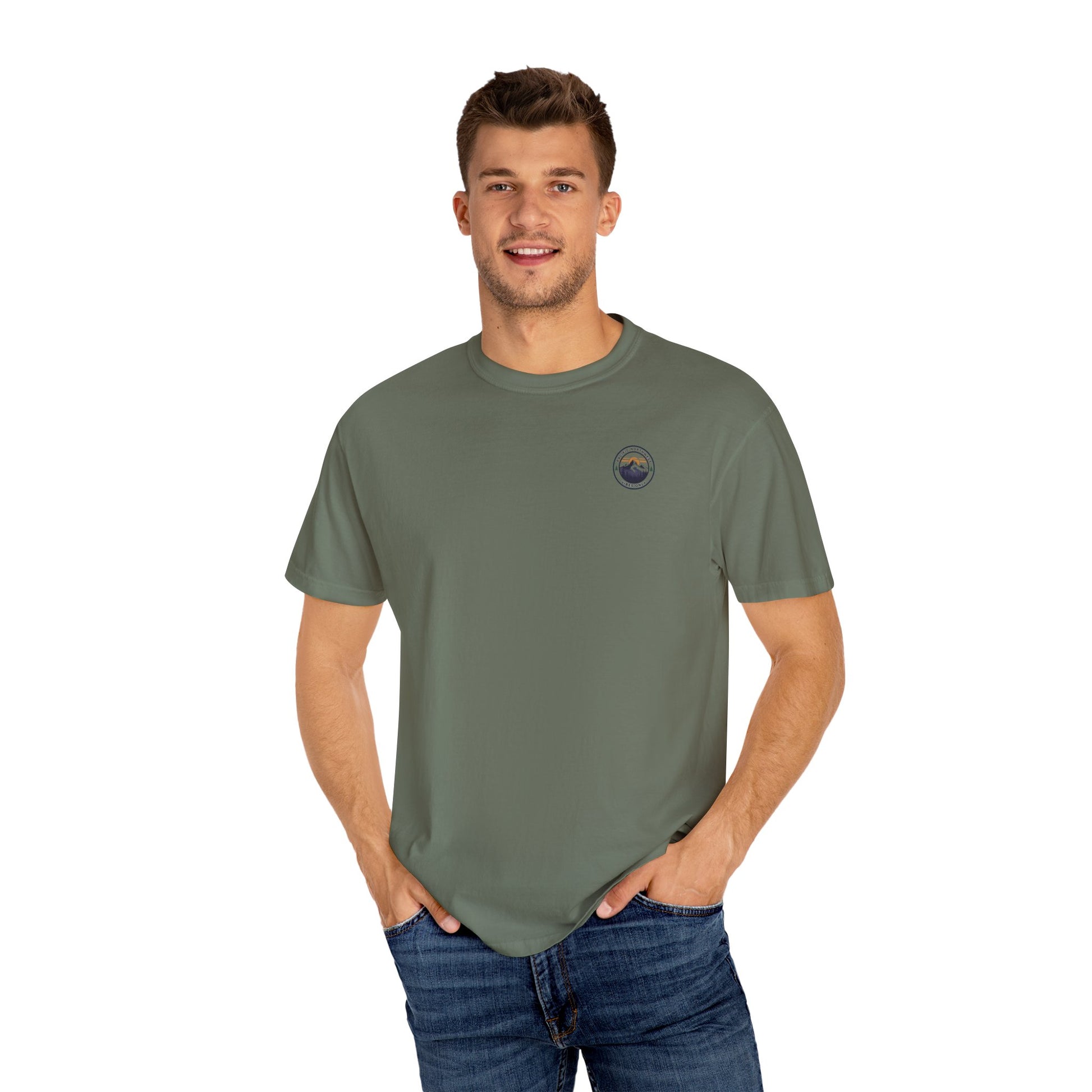 PNW Vibes Only Tee – Circle Badge Mountain Sunset Shirt