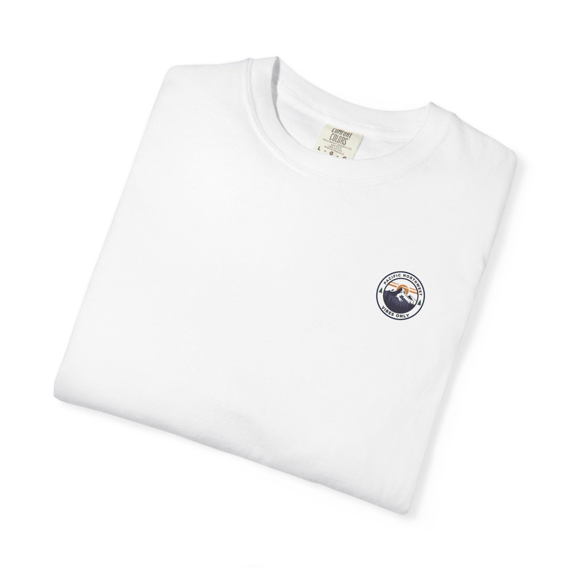 PNW Vibes Only Tee – Circle Badge Mountain Sunset Shirt
