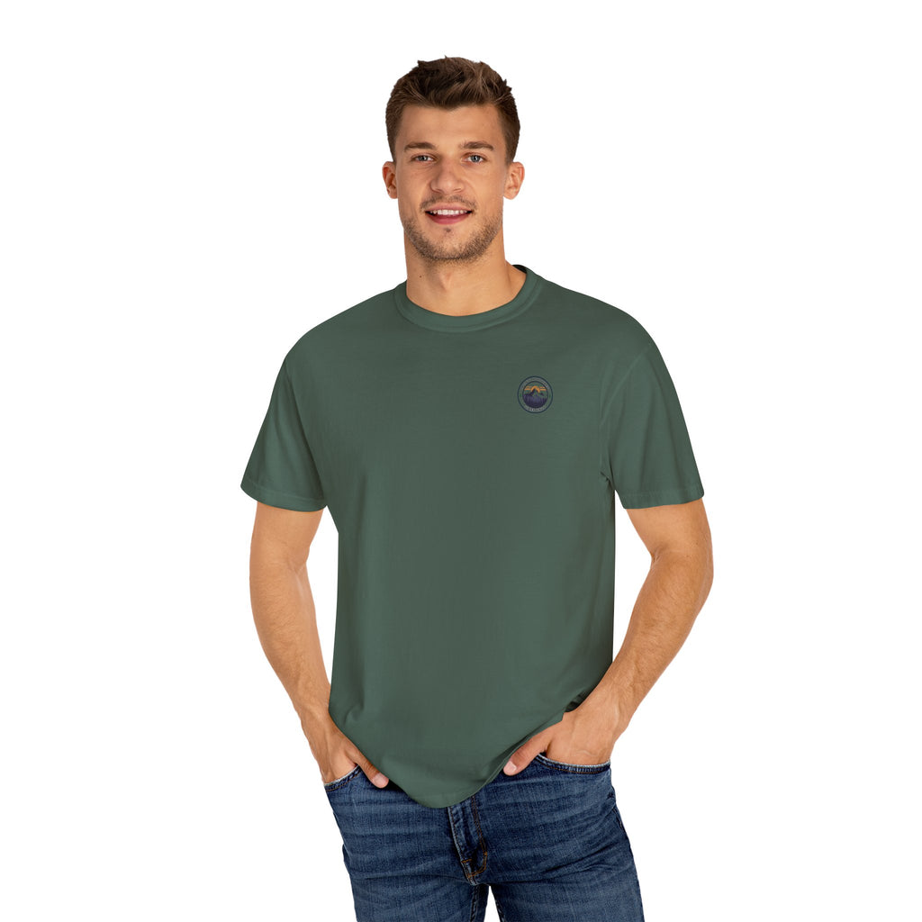 PNW Vibes Only Tee – Circle Badge Mountain Sunset Shirt