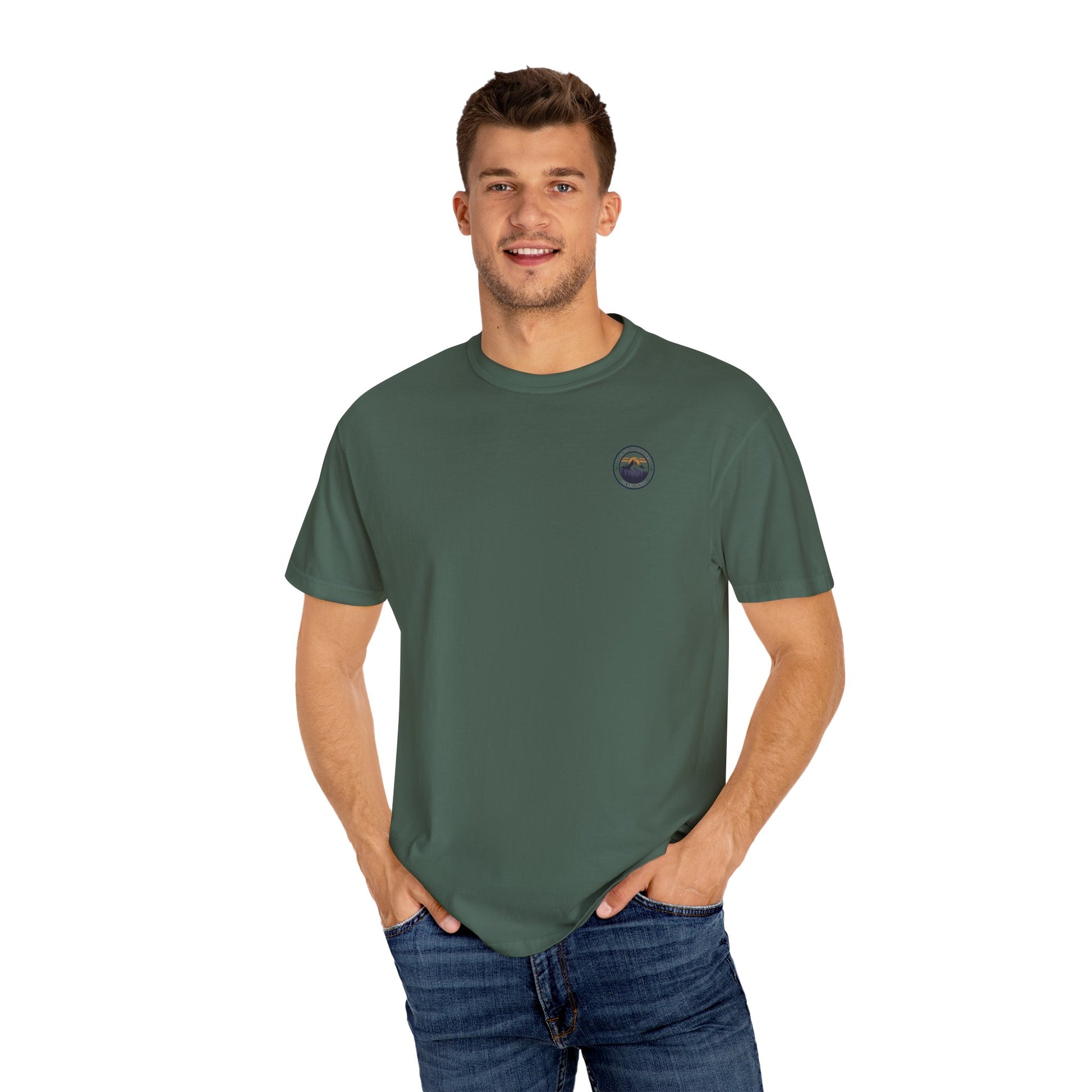 PNW Vibes Only Tee – Circle Badge Mountain Sunset Shirt