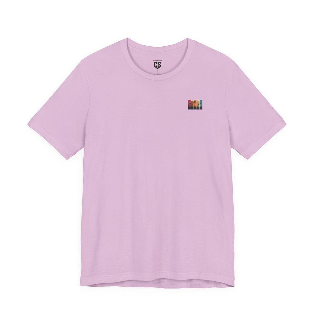 Stacked Sunrise Peaks Tee – Multicolor Mountain Stripe Shirt