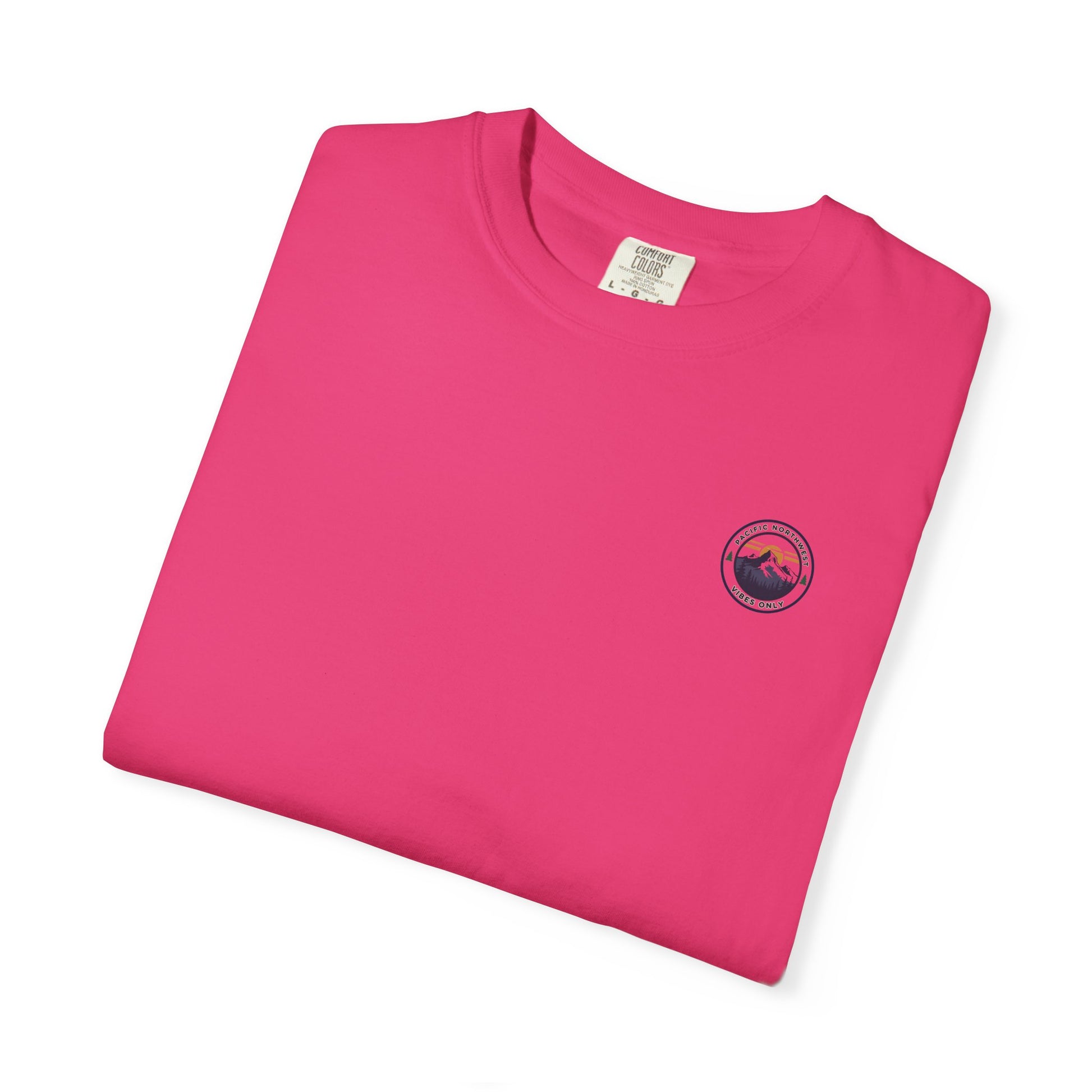 PNW Vibes Only Tee – Circle Badge Mountain Sunset Shirt