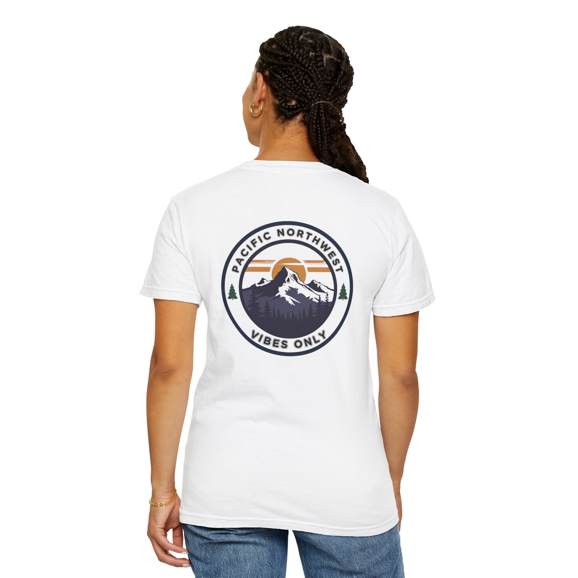PNW Vibes Only Tee – Circle Badge Mountain Sunset Shirt