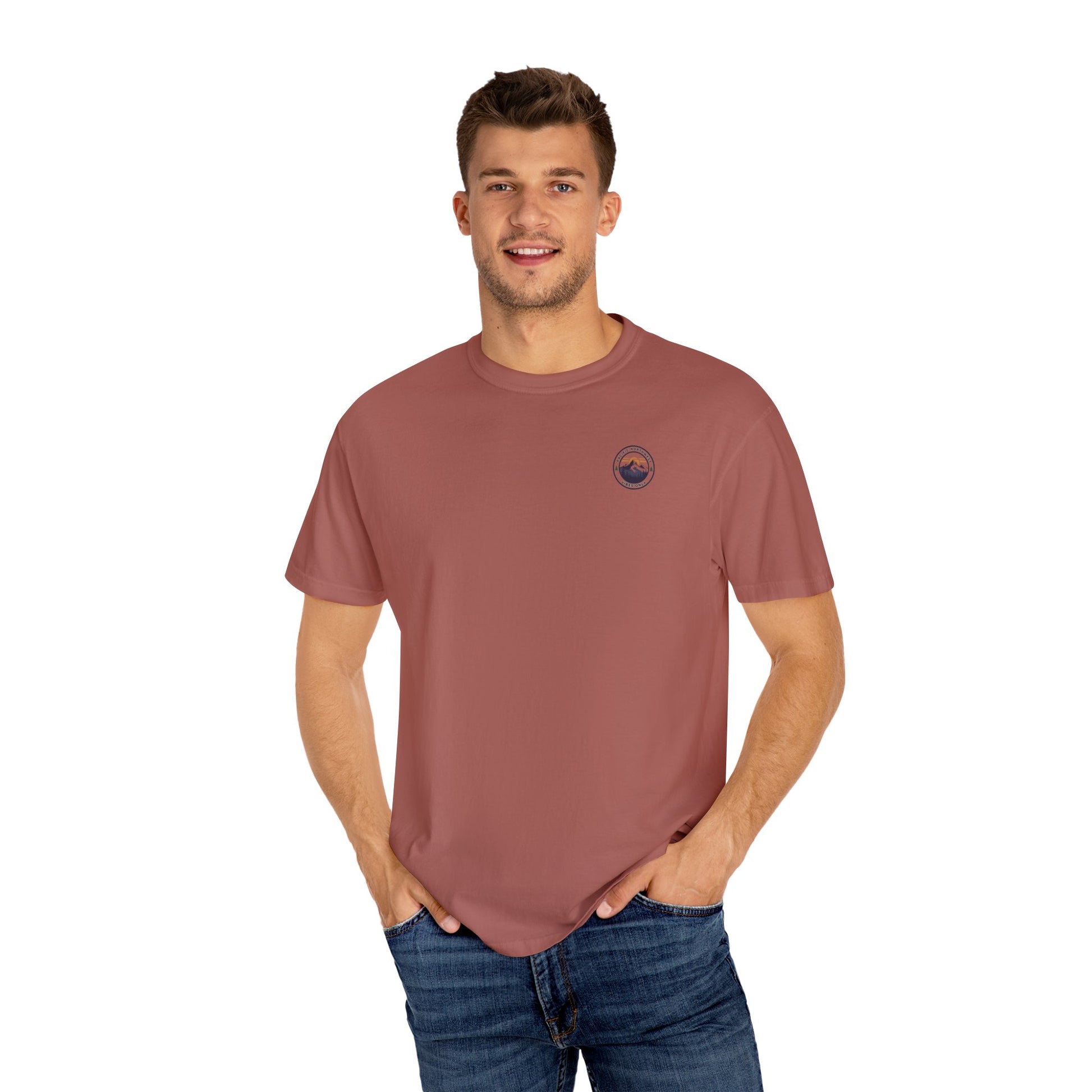 PNW Vibes Only Tee – Circle Badge Mountain Sunset Shirt