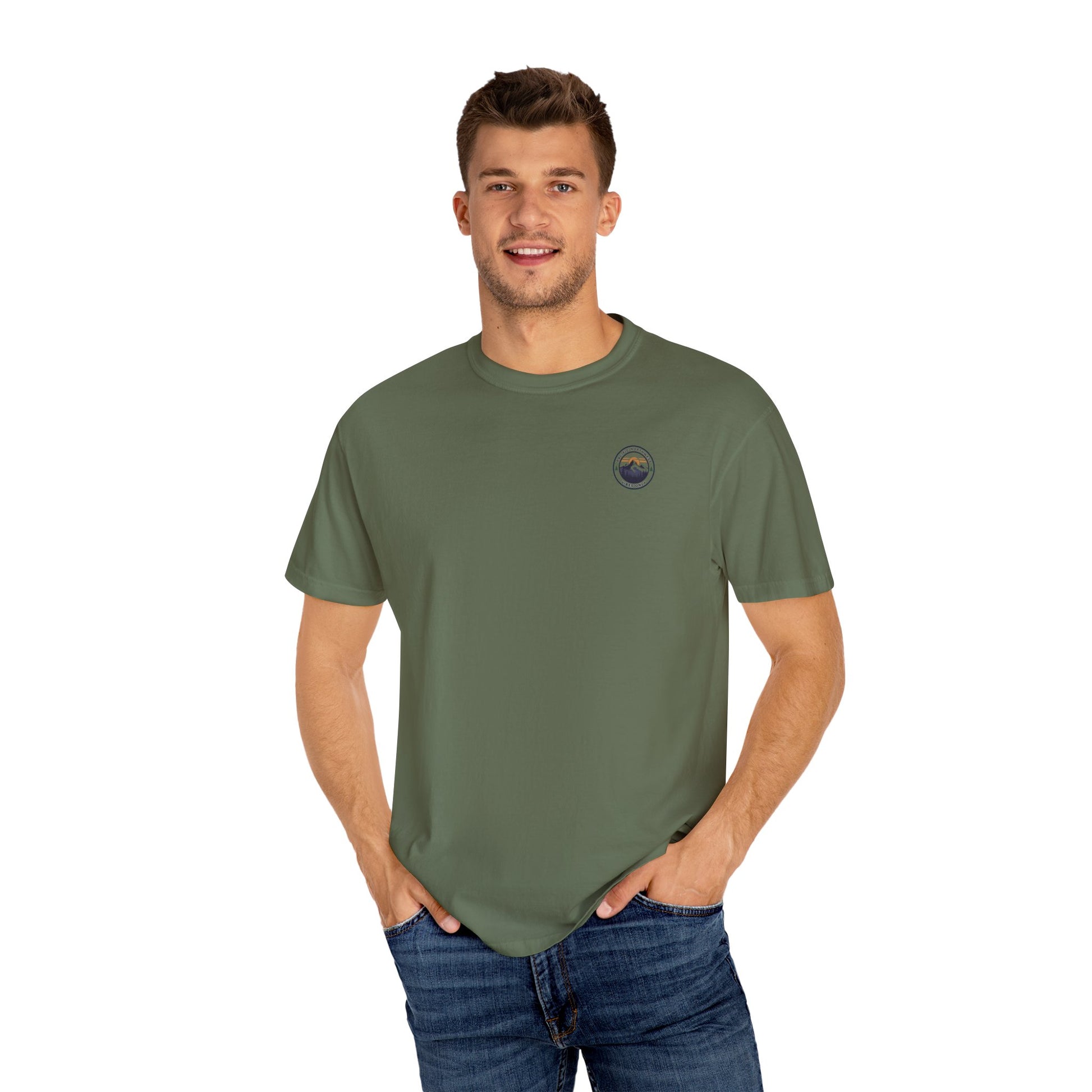 PNW Vibes Only Tee – Circle Badge Mountain Sunset Shirt