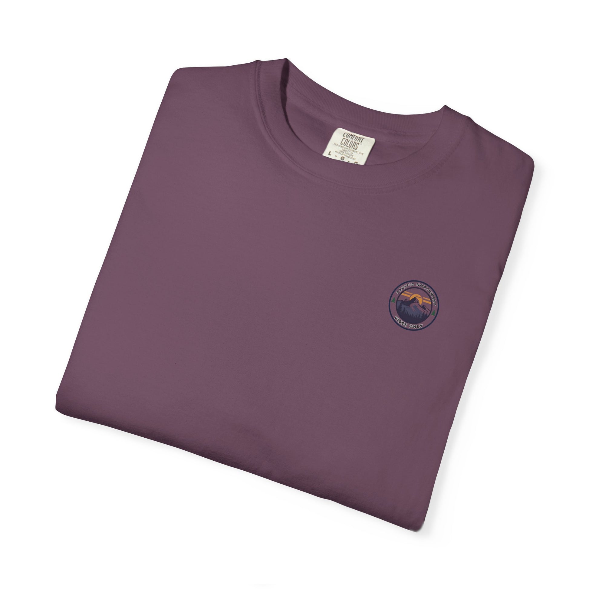 PNW Vibes Only Tee – Circle Badge Mountain Sunset Shirt