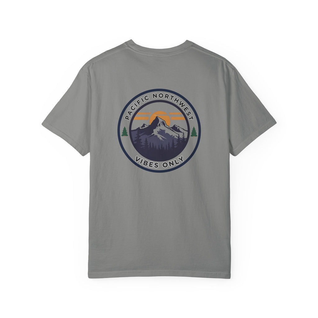 PNW Vibes Only Tee – Circle Badge Mountain Sunset Shirt