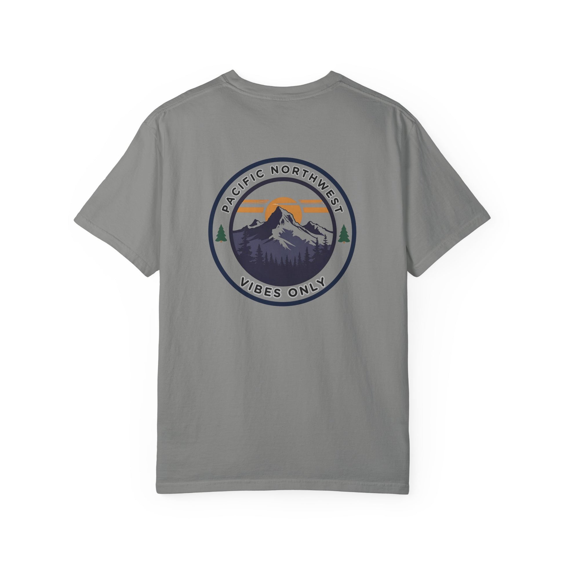 PNW Vibes Only Tee – Circle Badge Mountain Sunset Shirt