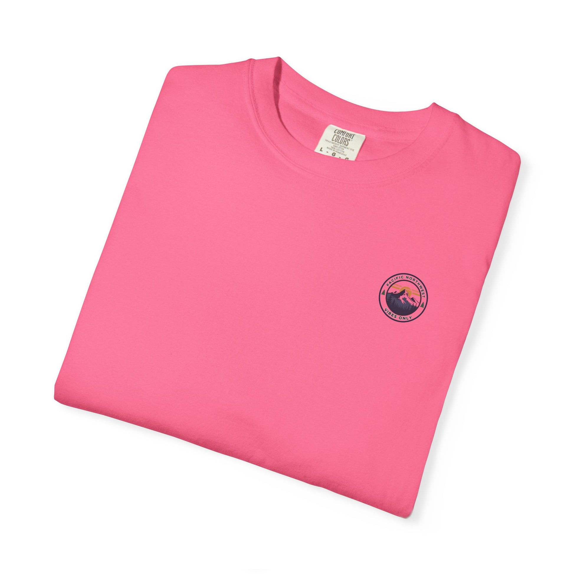 PNW Vibes Only Tee – Circle Badge Mountain Sunset Shirt