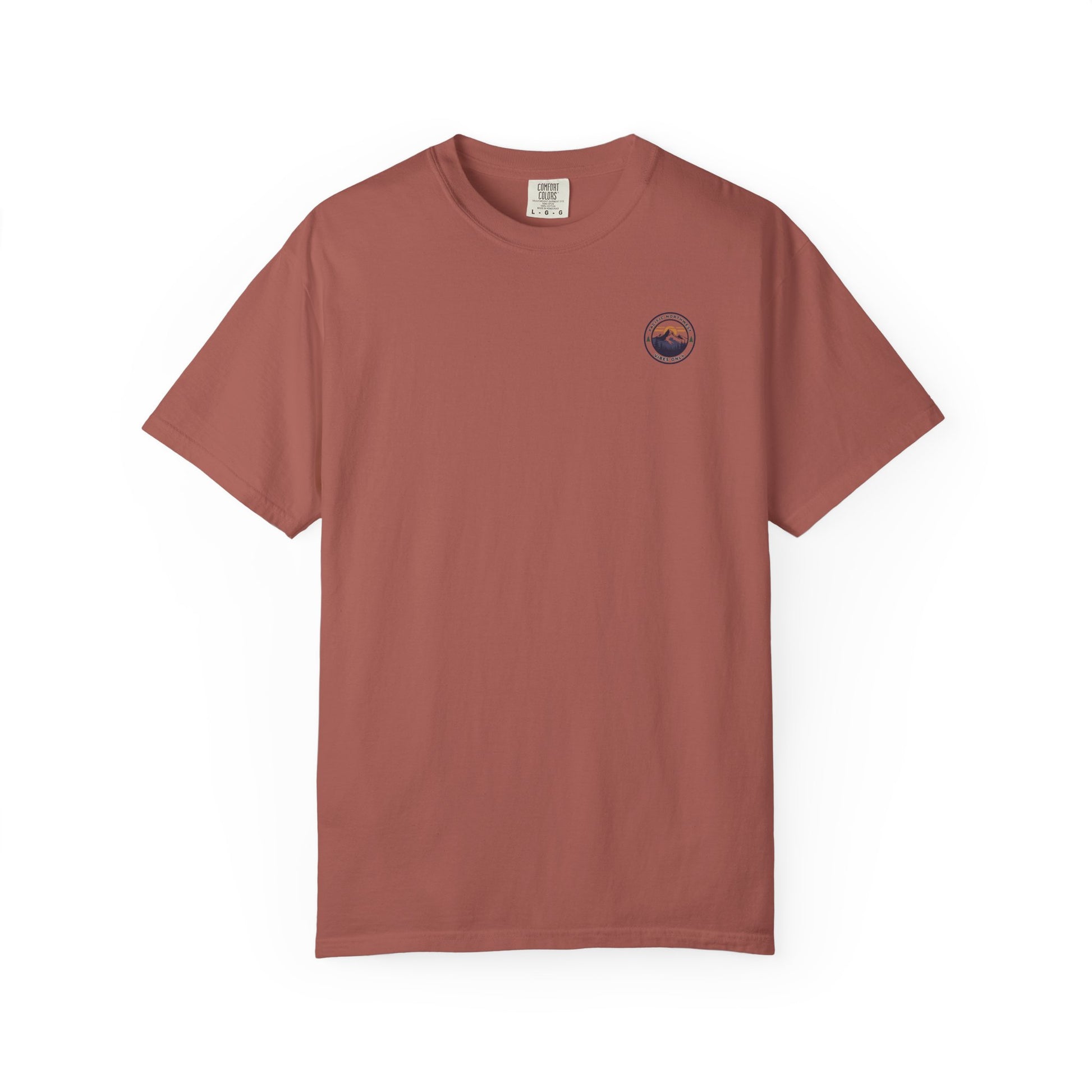 PNW Vibes Only Tee – Circle Badge Mountain Sunset Shirt