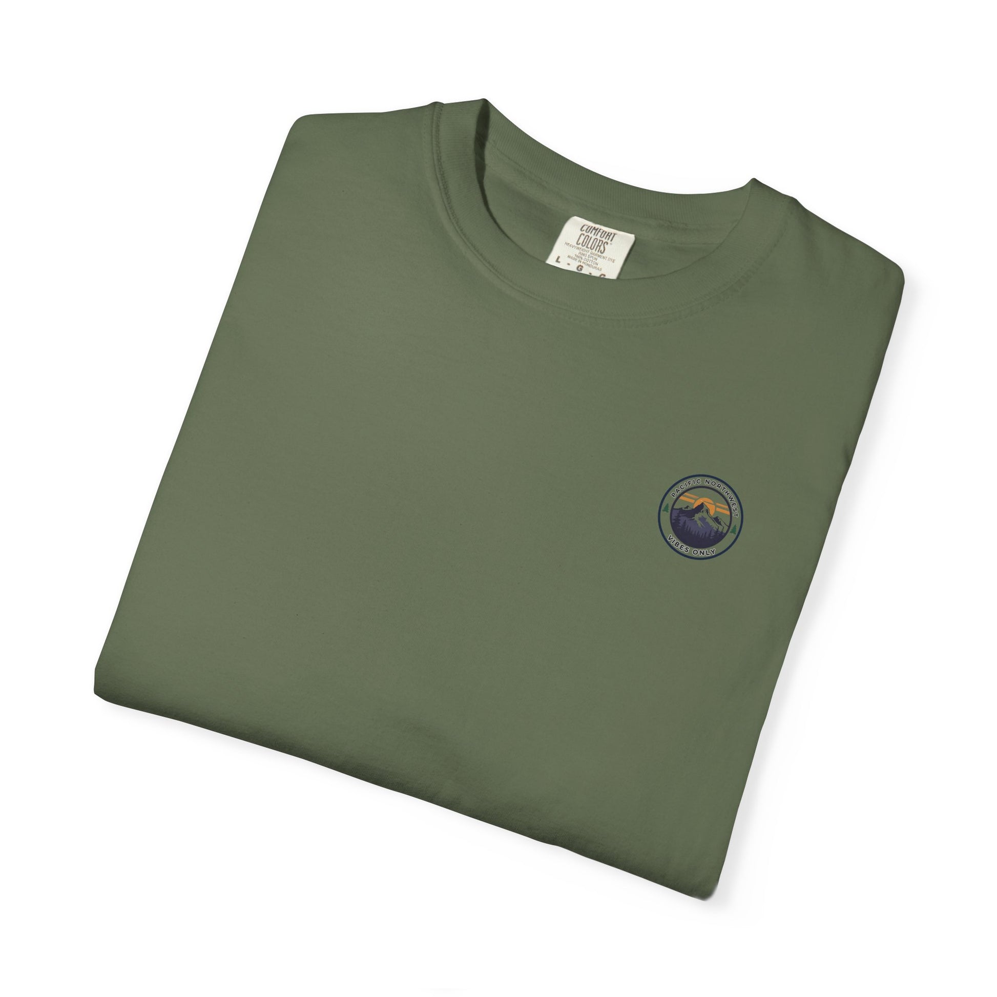 PNW Vibes Only Tee – Circle Badge Mountain Sunset Shirt