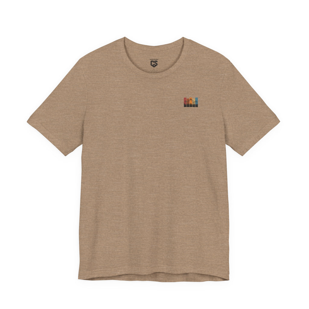 Stacked Sunrise Peaks Tee – Multicolor Mountain Stripe Shirt