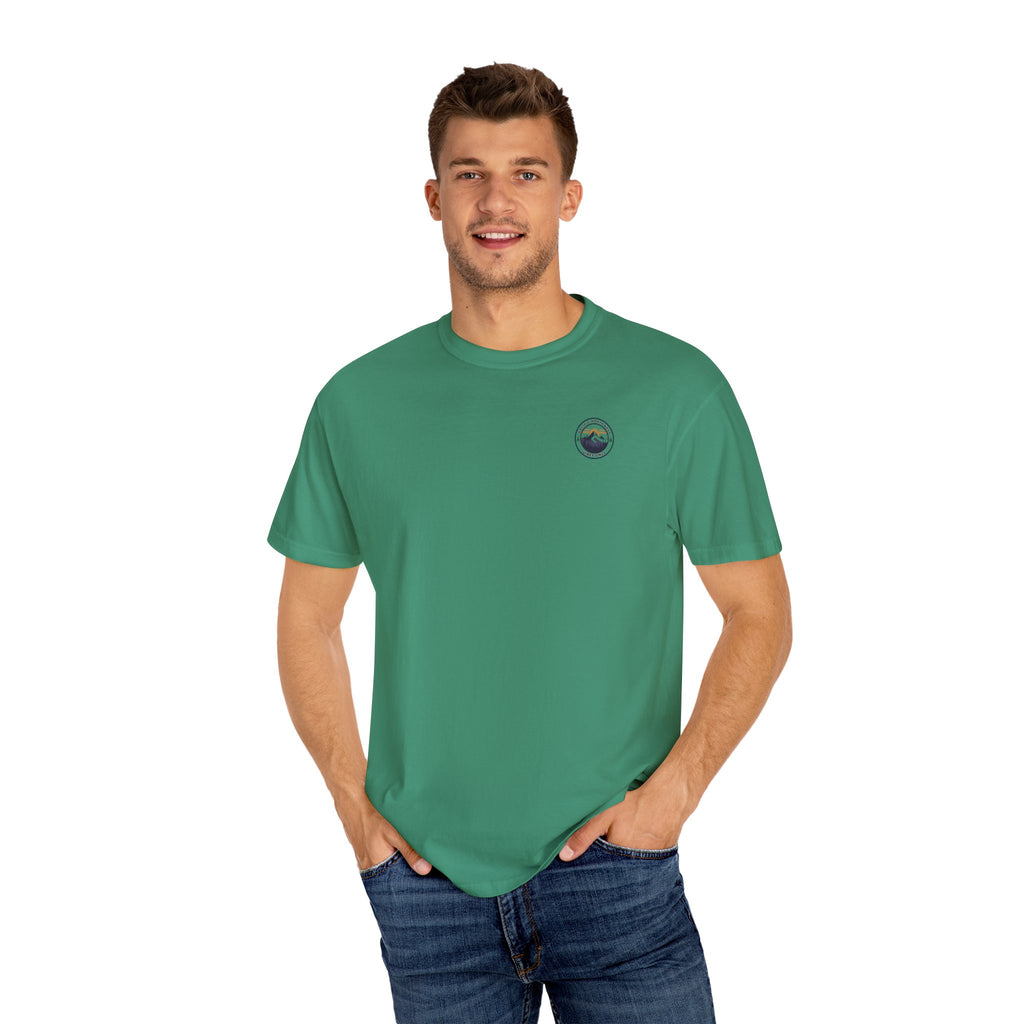 PNW Vibes Only Tee – Circle Badge Mountain Sunset Shirt