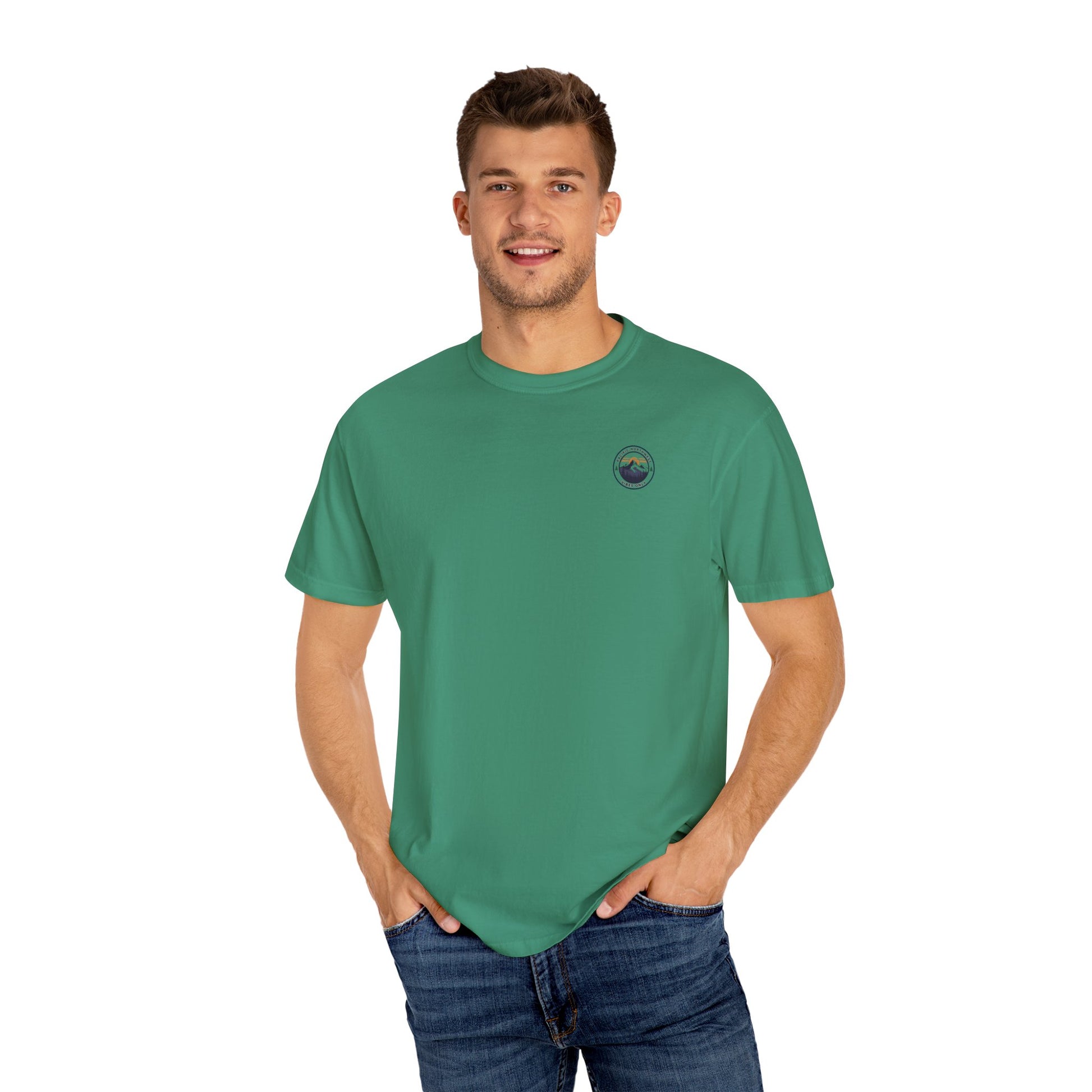 PNW Vibes Only Tee – Circle Badge Mountain Sunset Shirt