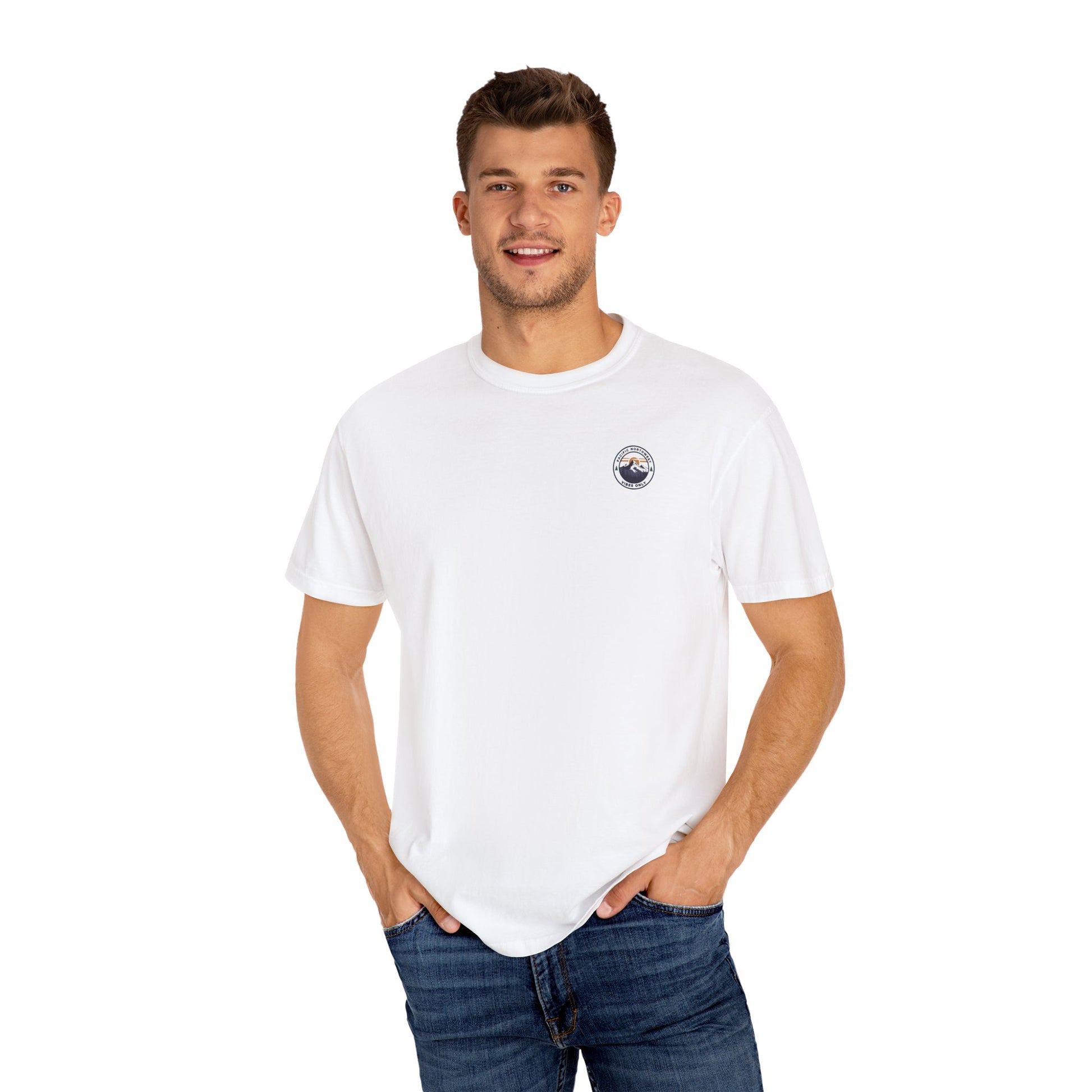 PNW Vibes Only Tee – Circle Badge Mountain Sunset Shirt