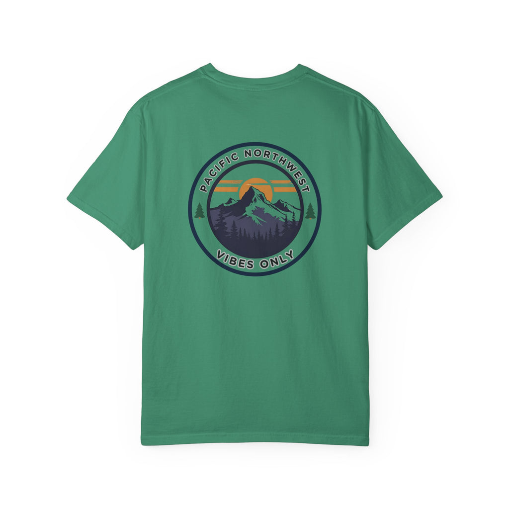 PNW Vibes Only Tee – Circle Badge Mountain Sunset Shirt