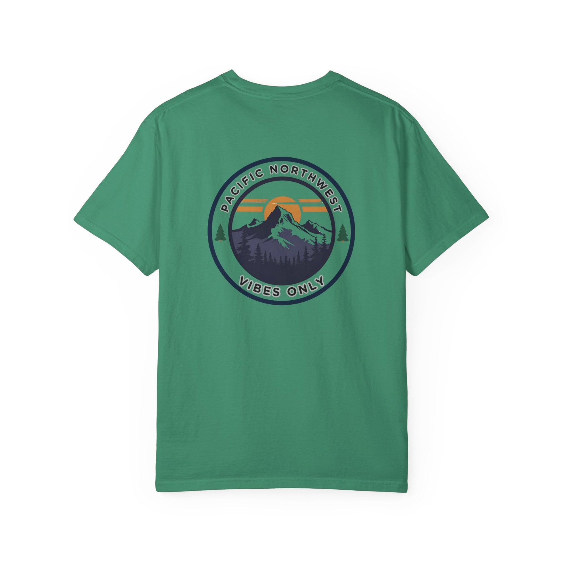 PNW Vibes Only Tee – Circle Badge Mountain Sunset Shirt