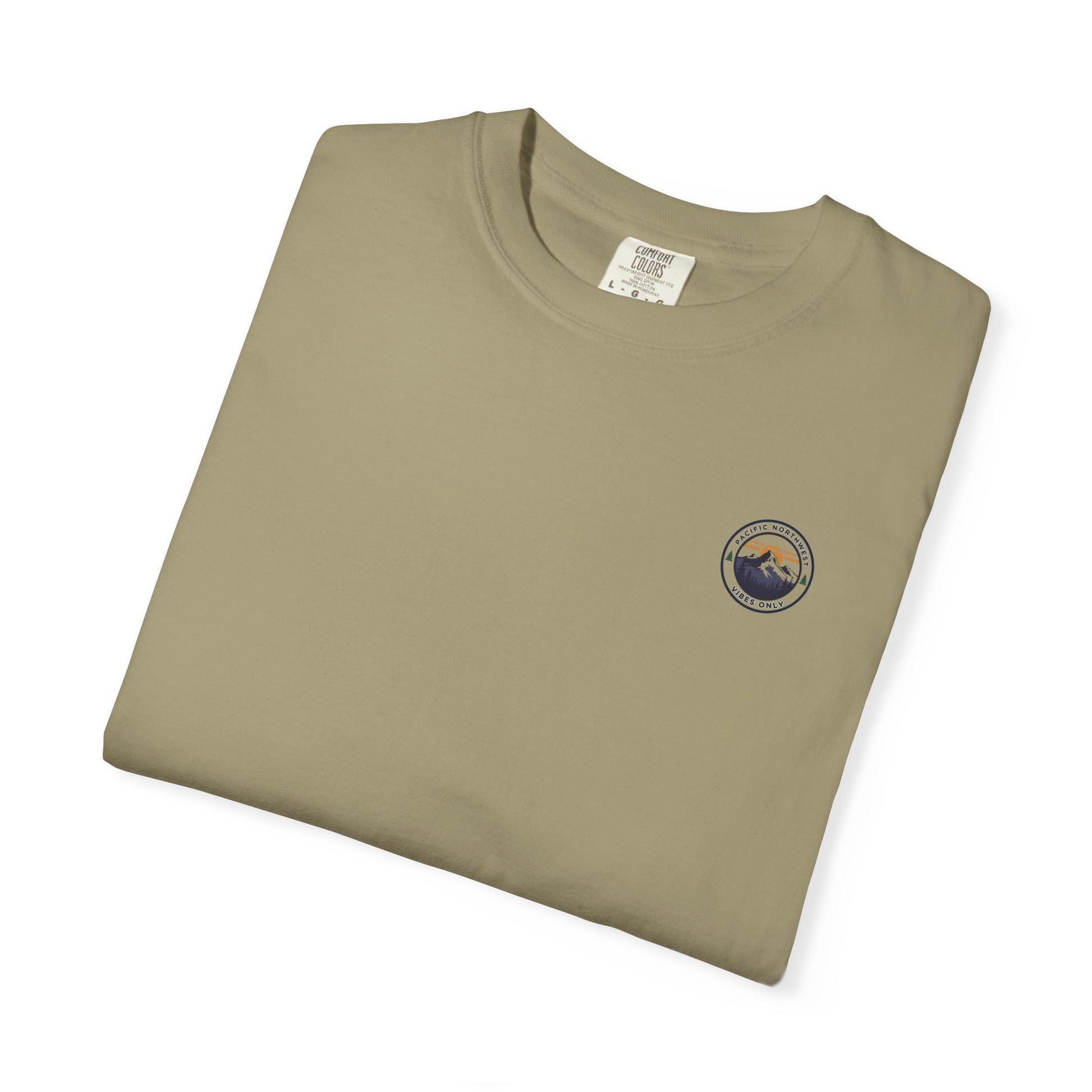 PNW Vibes Only Tee – Circle Badge Mountain Sunset Shirt