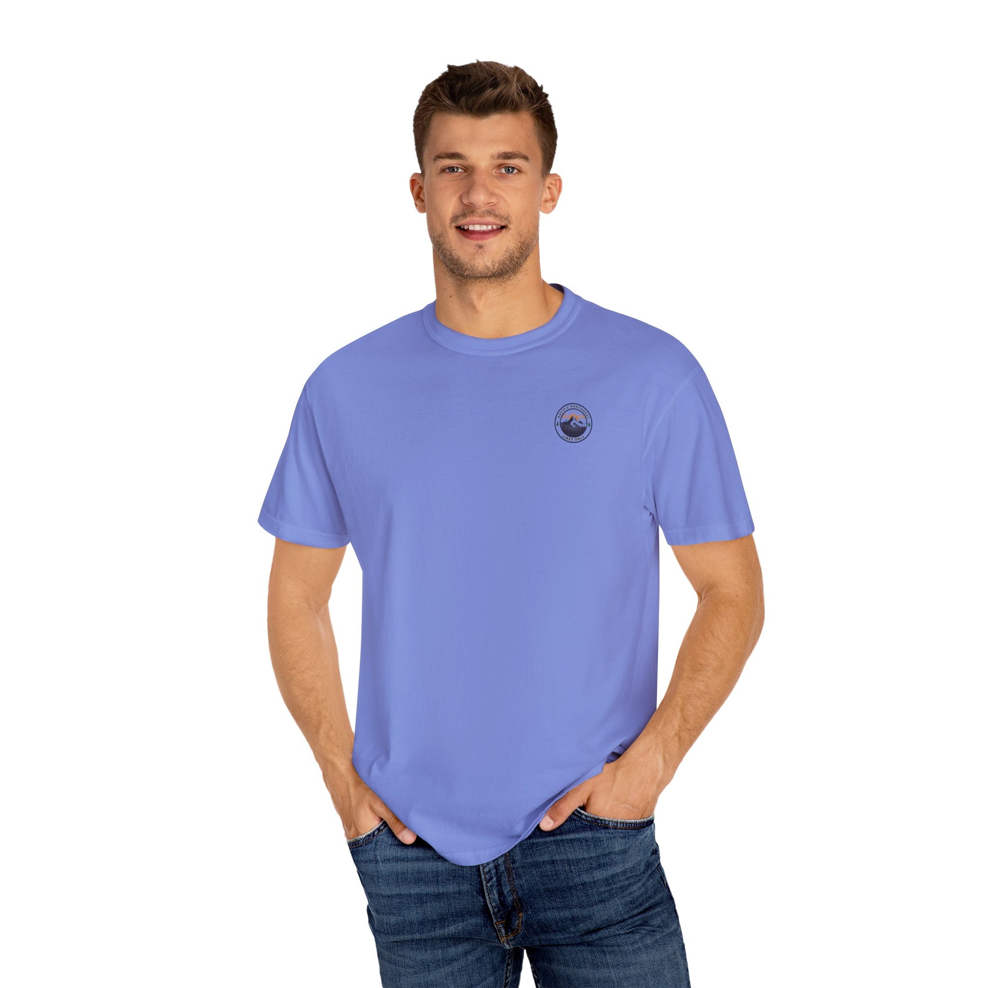 PNW Vibes Only Tee – Circle Badge Mountain Sunset Shirt
