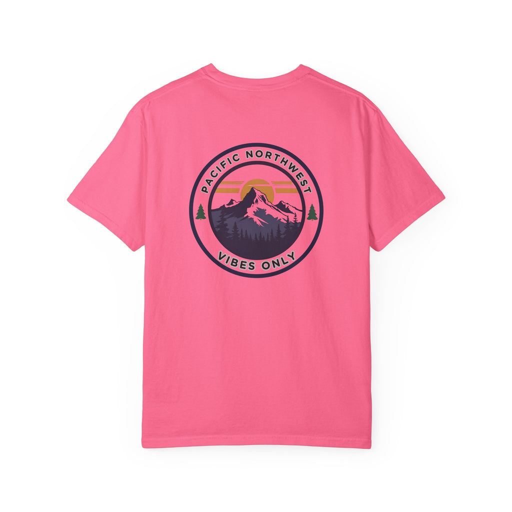 PNW Vibes Only Tee – Circle Badge Mountain Sunset Shirt
