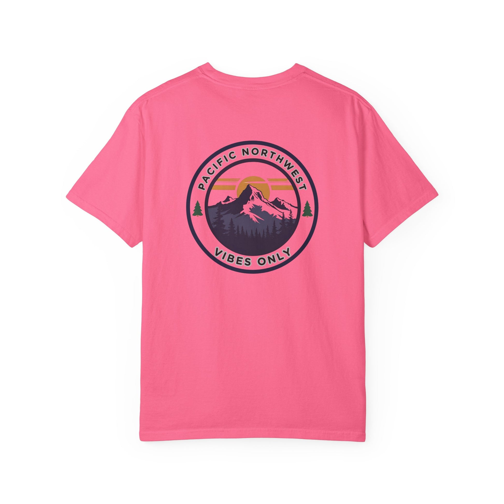 PNW Vibes Only Tee – Circle Badge Mountain Sunset Shirt