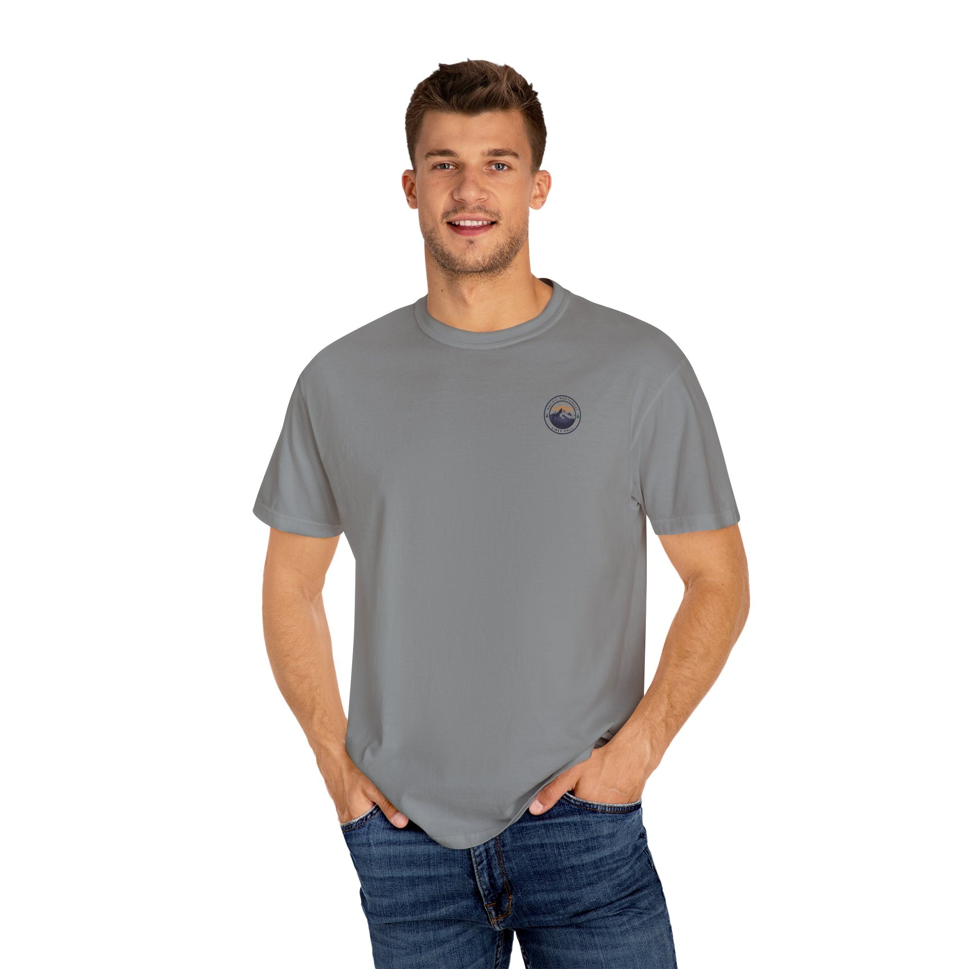 PNW Vibes Only Tee – Circle Badge Mountain Sunset Shirt