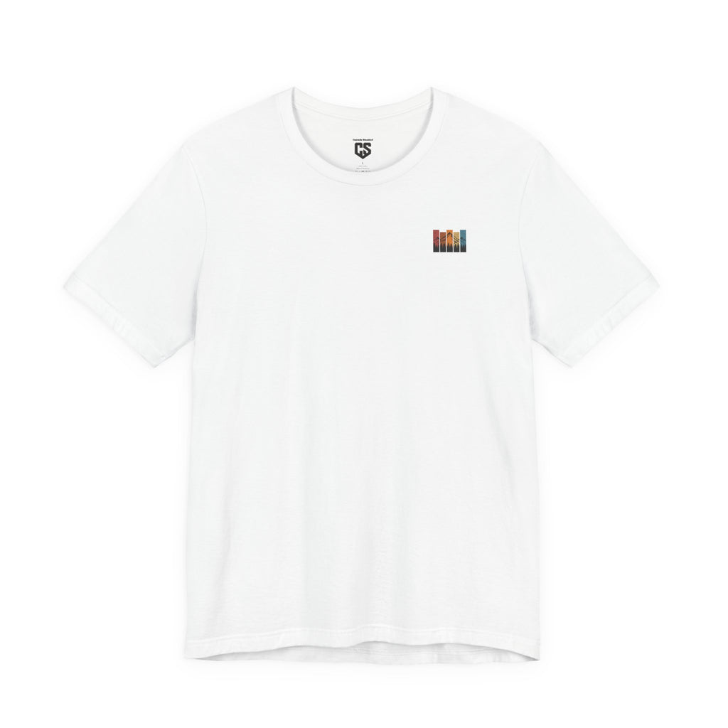Stacked Sunrise Peaks Tee – Multicolor Mountain Stripe Shirt