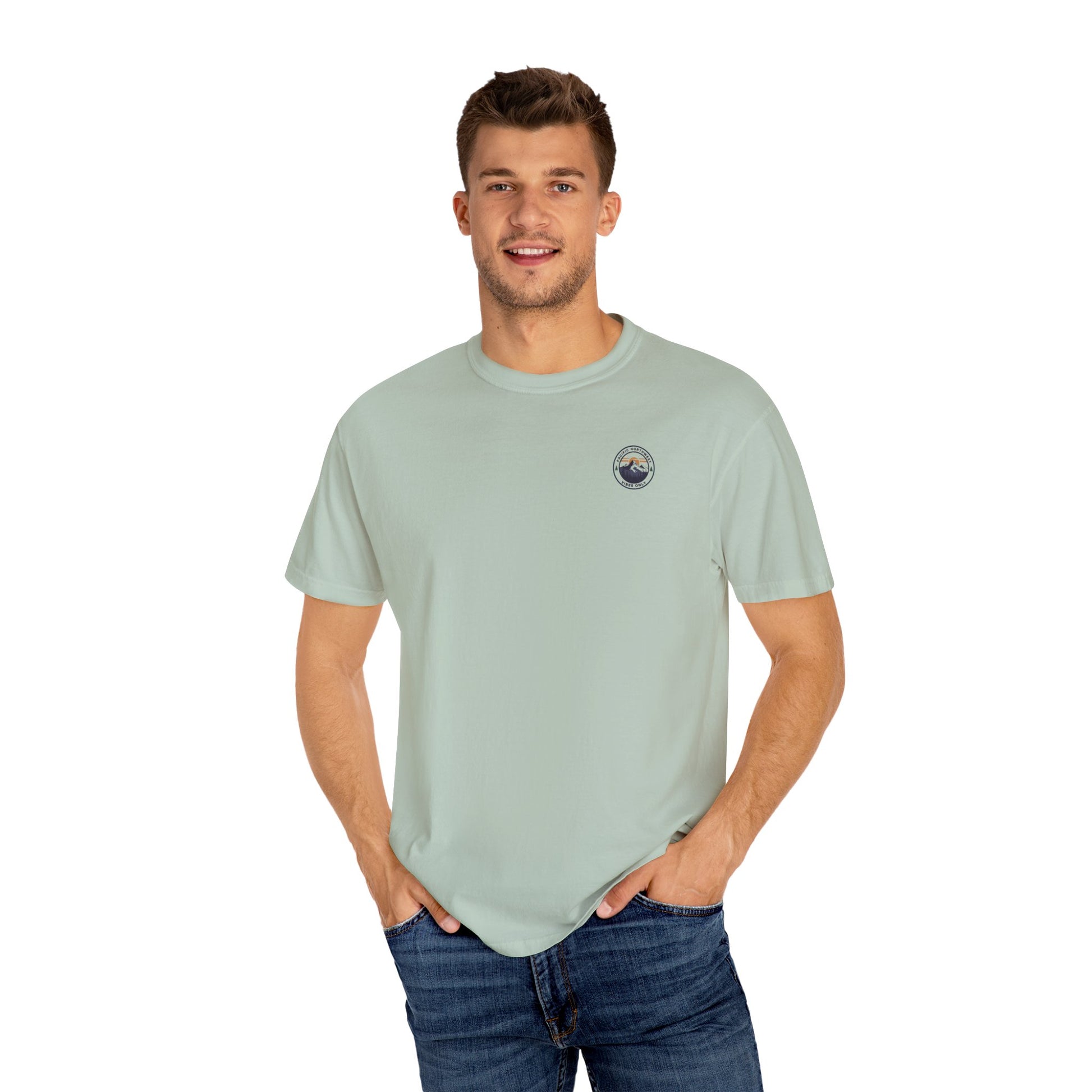 PNW Vibes Only Tee – Circle Badge Mountain Sunset Shirt