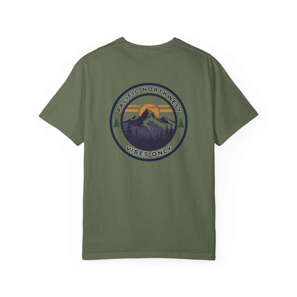 PNW Vibes Only Tee – Circle Badge Mountain Sunset Shirt